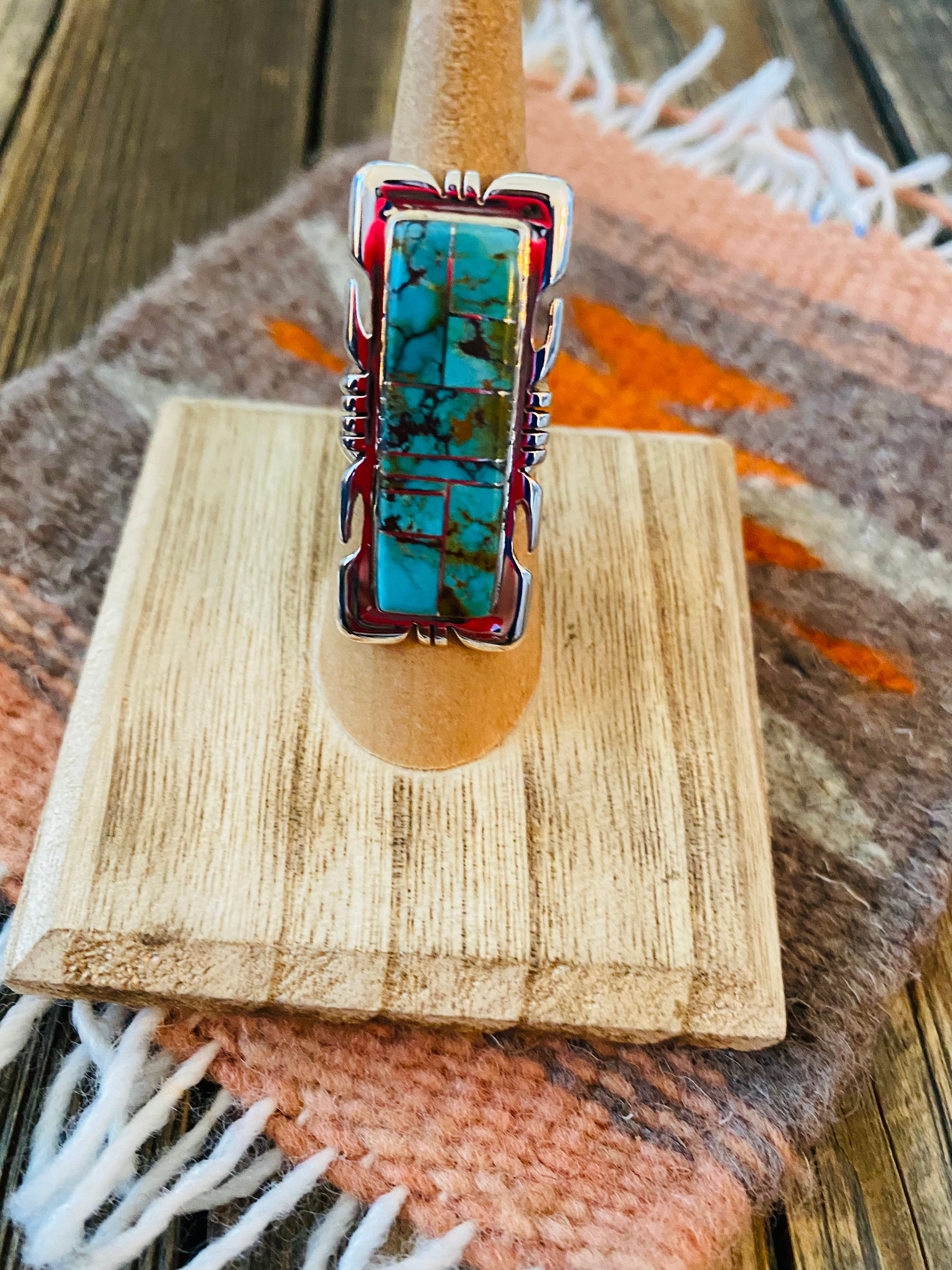 Navajo Sterling Silver & Turquoise Inlay Ring Size 6