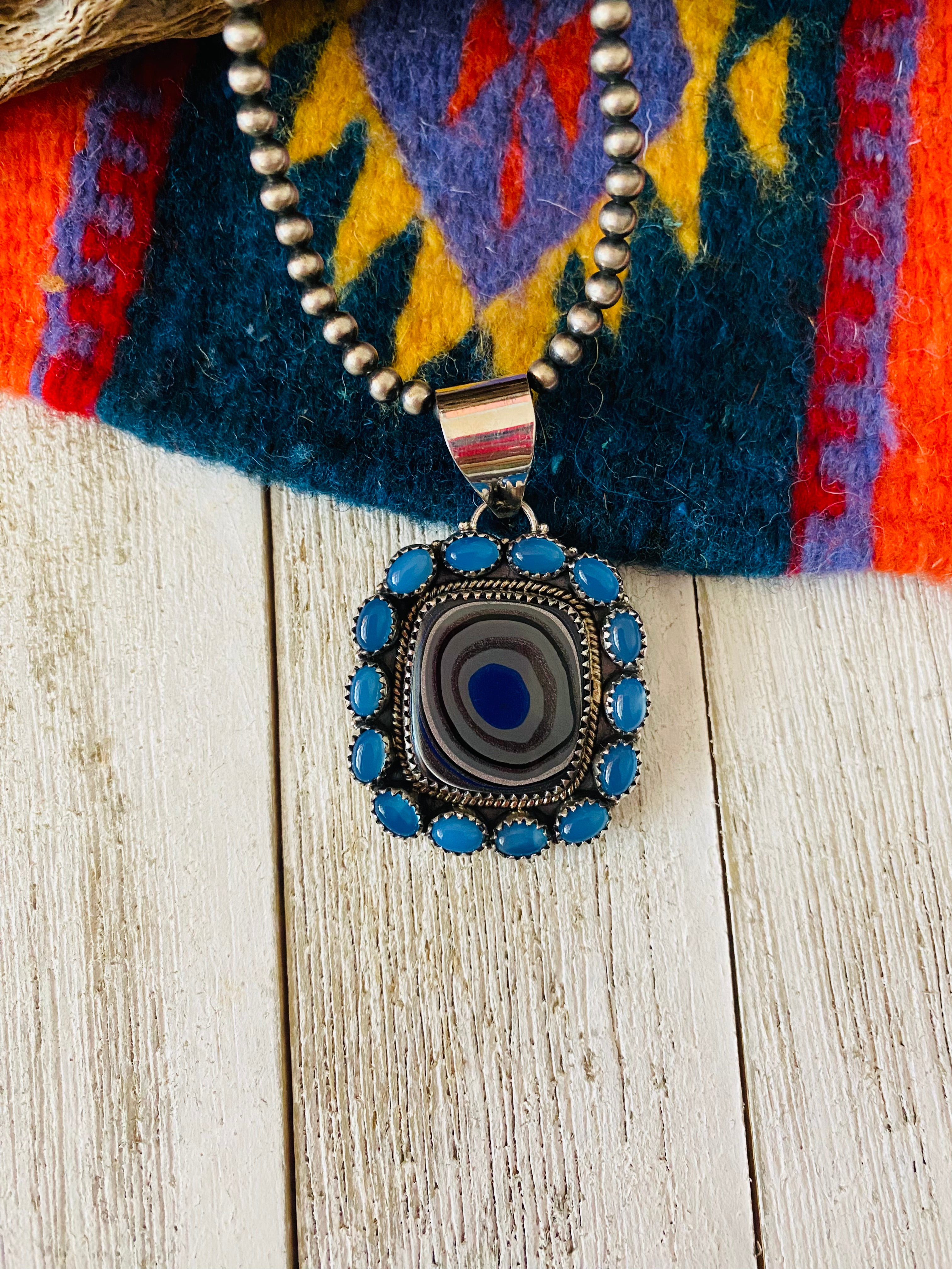 Handmade Sterling Silver, Fordite & Blue Calcedony Cluster Pendant