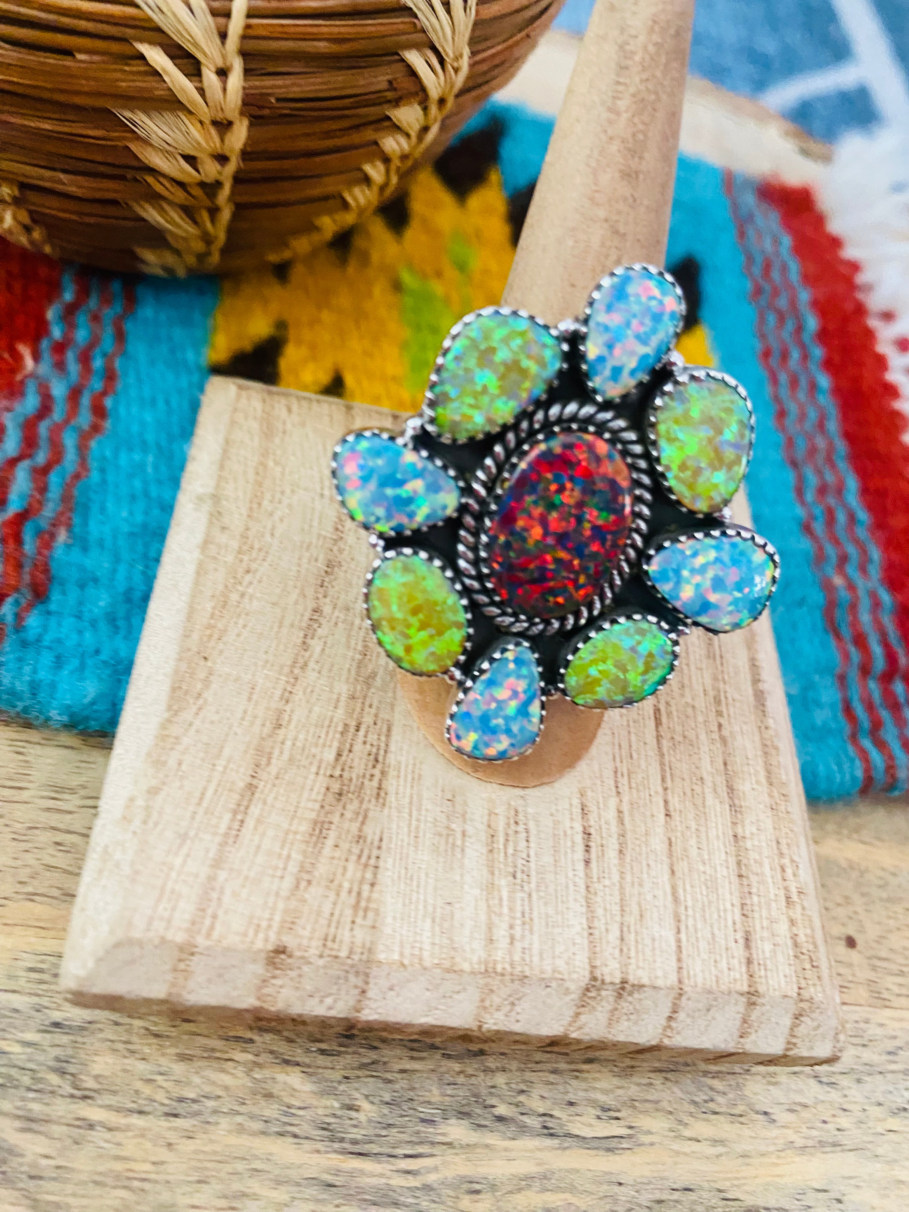 Handmade Sterling Silver & Opal Cluster Adjustable Ring