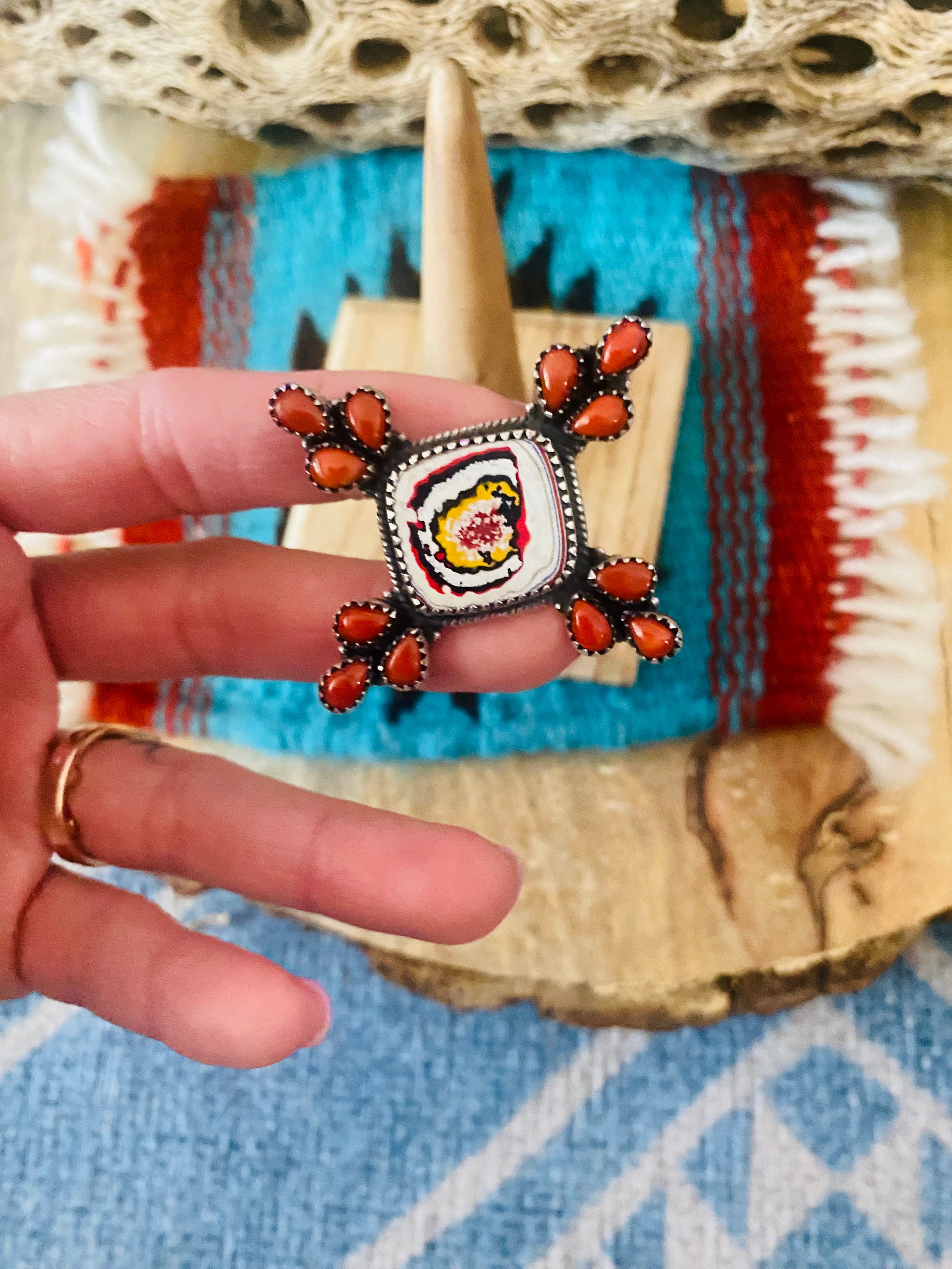 Handmade Sterling Silver, Fordite & Coral Cluster Adjustable Ring