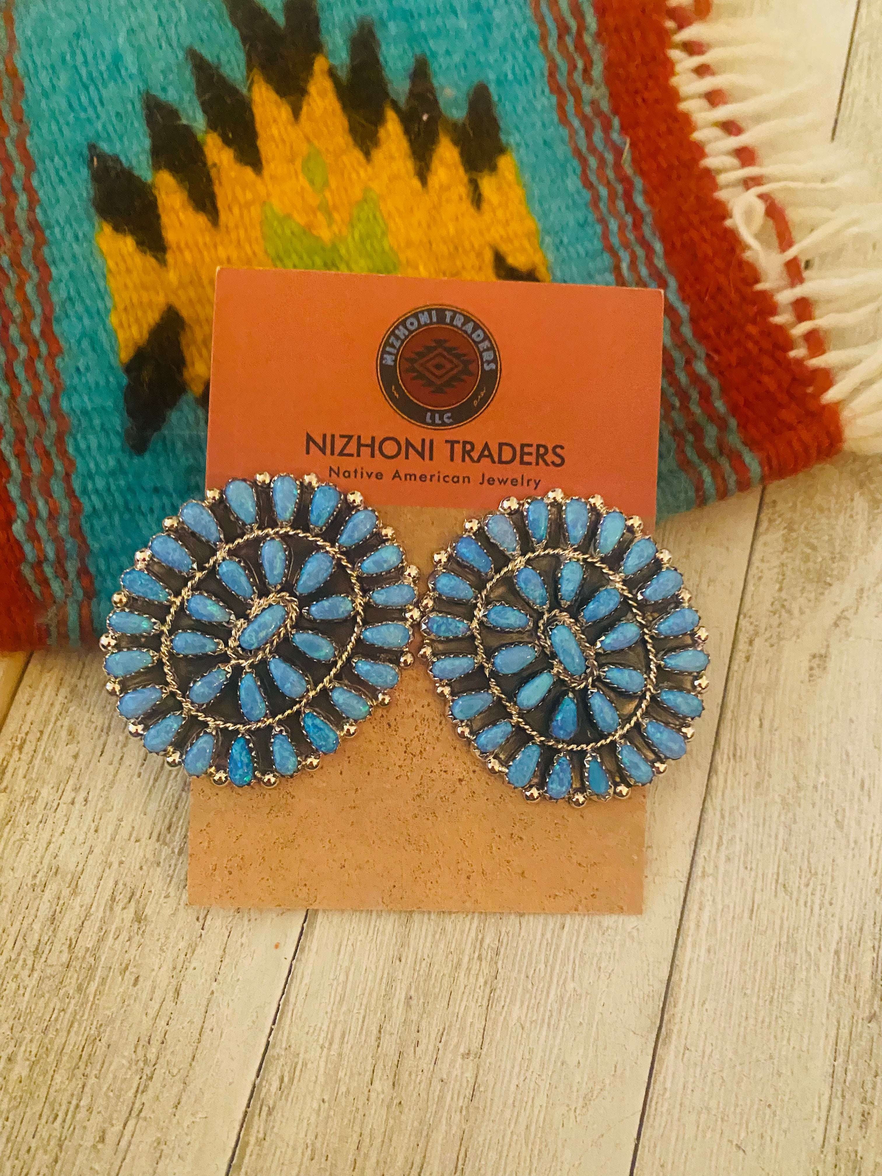 Navajo Sterling Silver & Blue Opal Cluster Post Earrings Signed