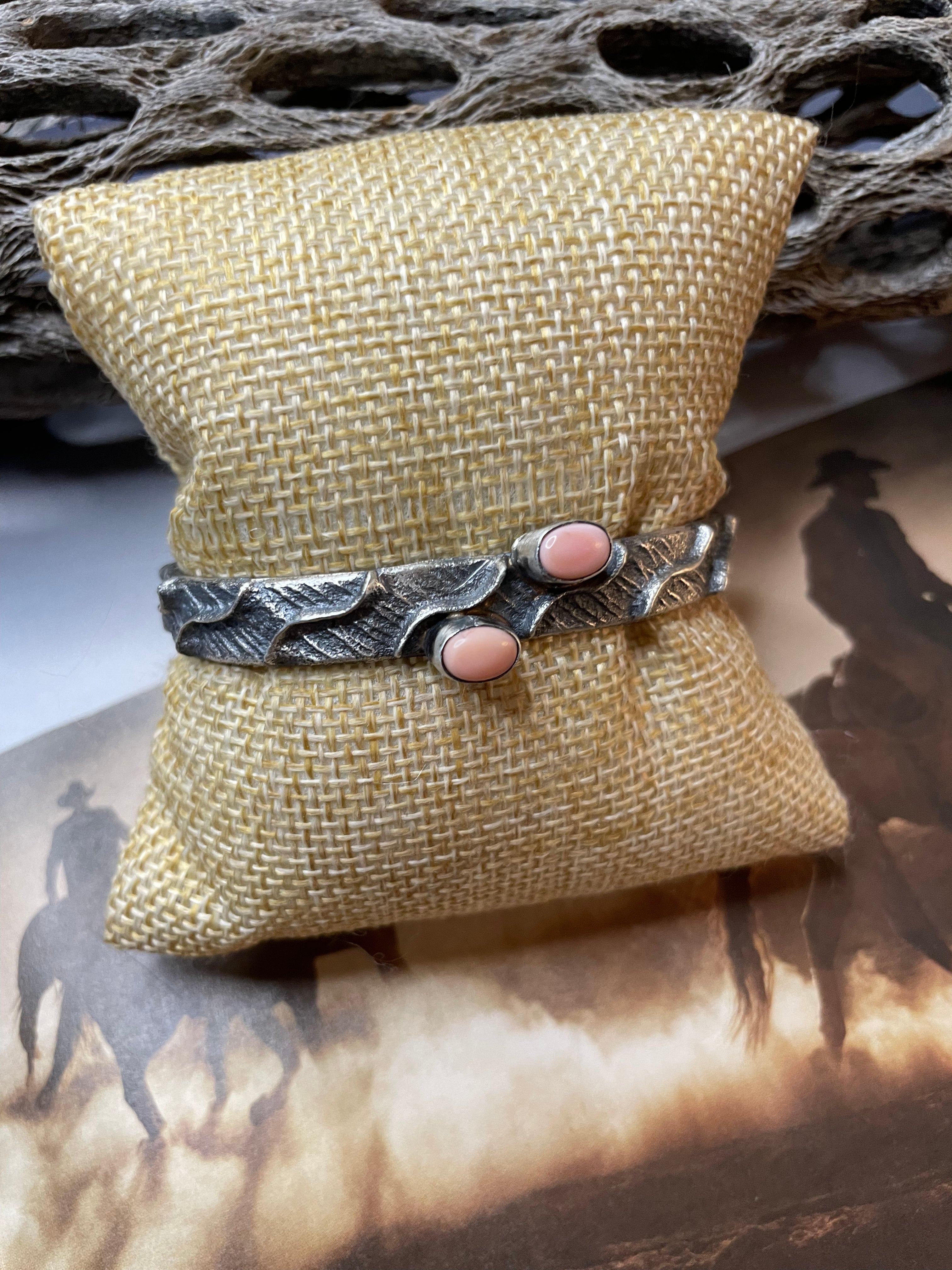 Navajo Pink Conch & Sterling Silver Tufa Cast Cuff Bracelet Signed