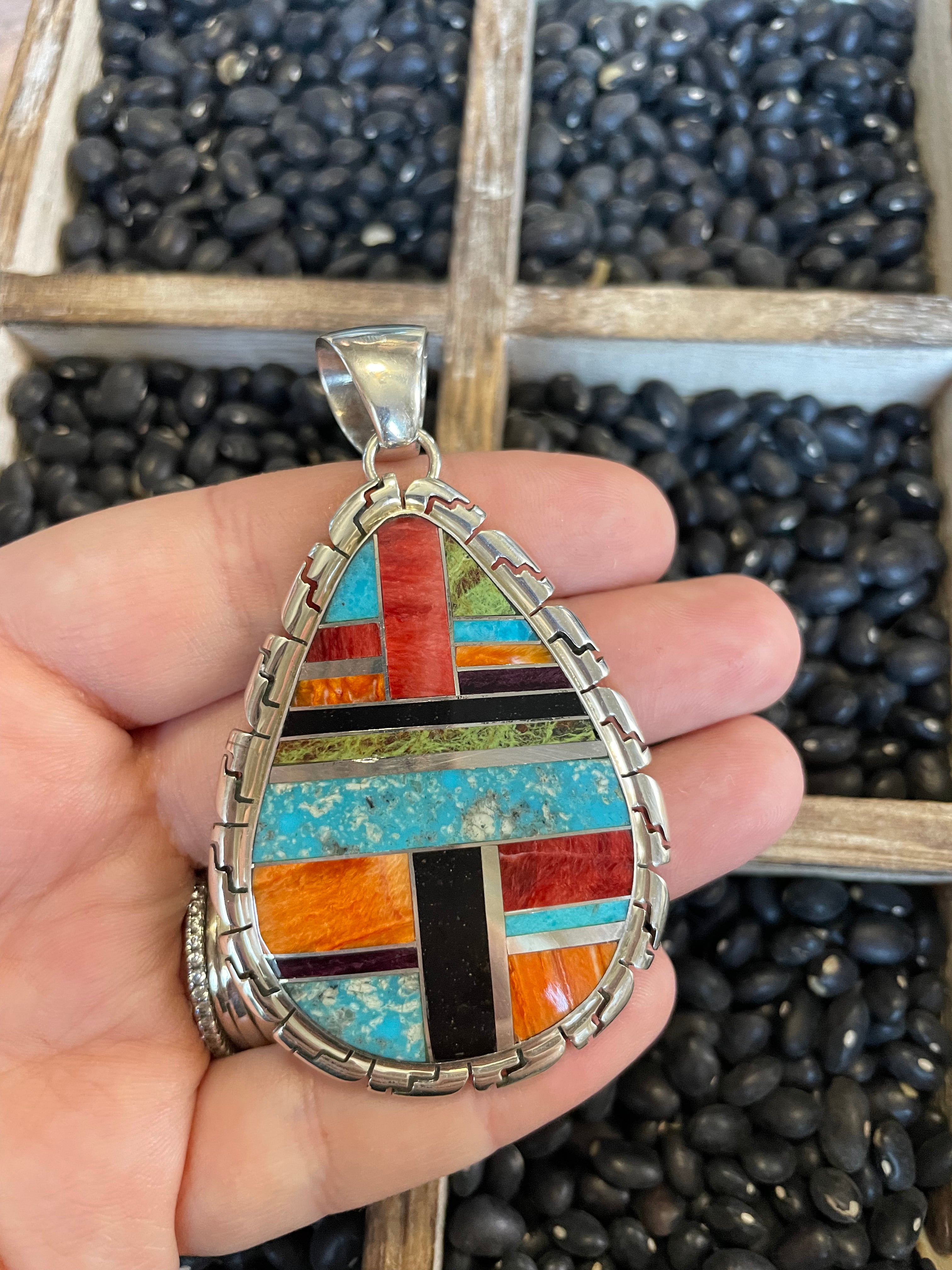 Navajo Multi Stone Inlay & Sterling Silver Pendant Signed LK