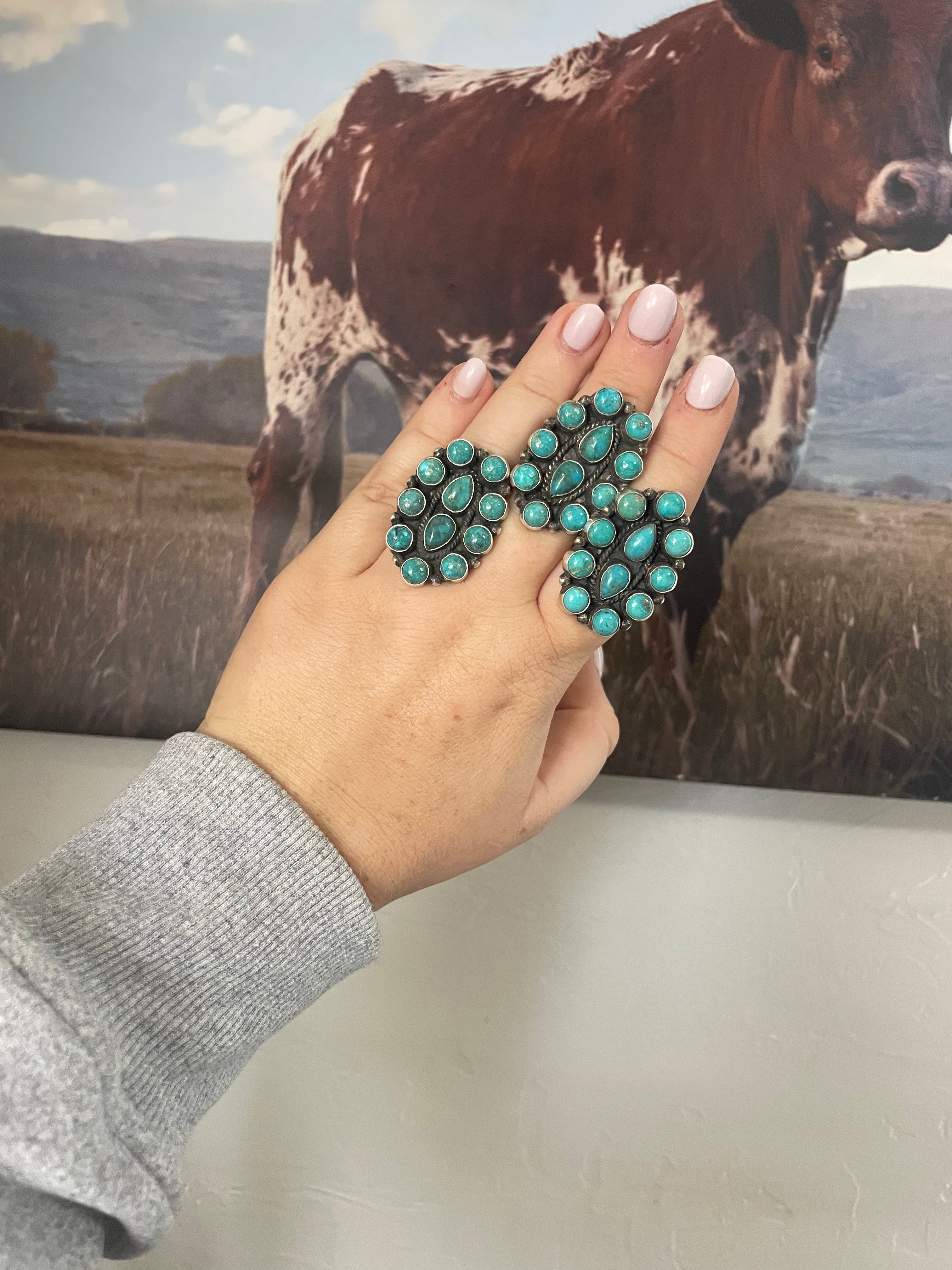 Navajo Sterling Silver And Turquoise Beautiful Adjustable Cluster Rings