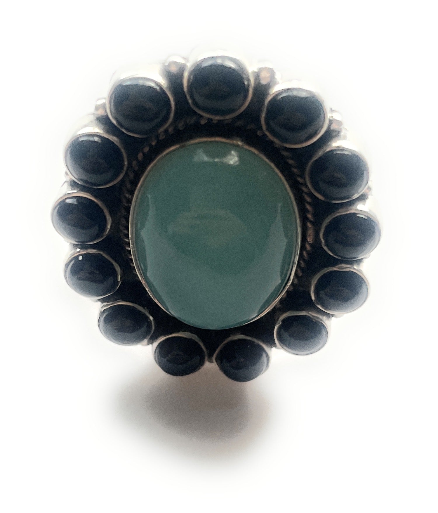 Handmade Sterling Silver Onyx & Aqua Calcedony Cluster Adjustable Ring Signed Nizhoni