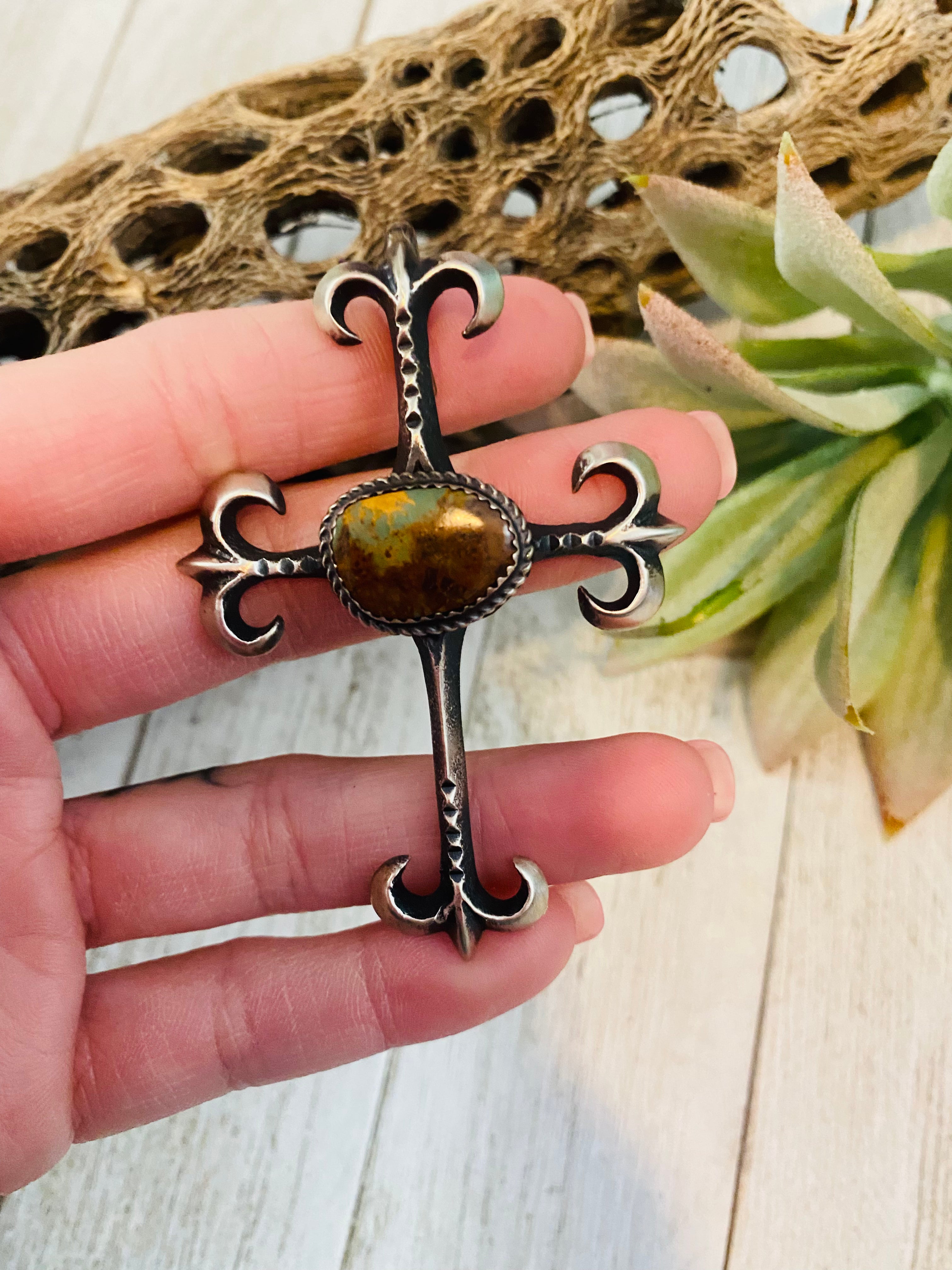 Navajo Sterling Silver & Royston Turquoise Cross Pendant By Martha Cayatineto