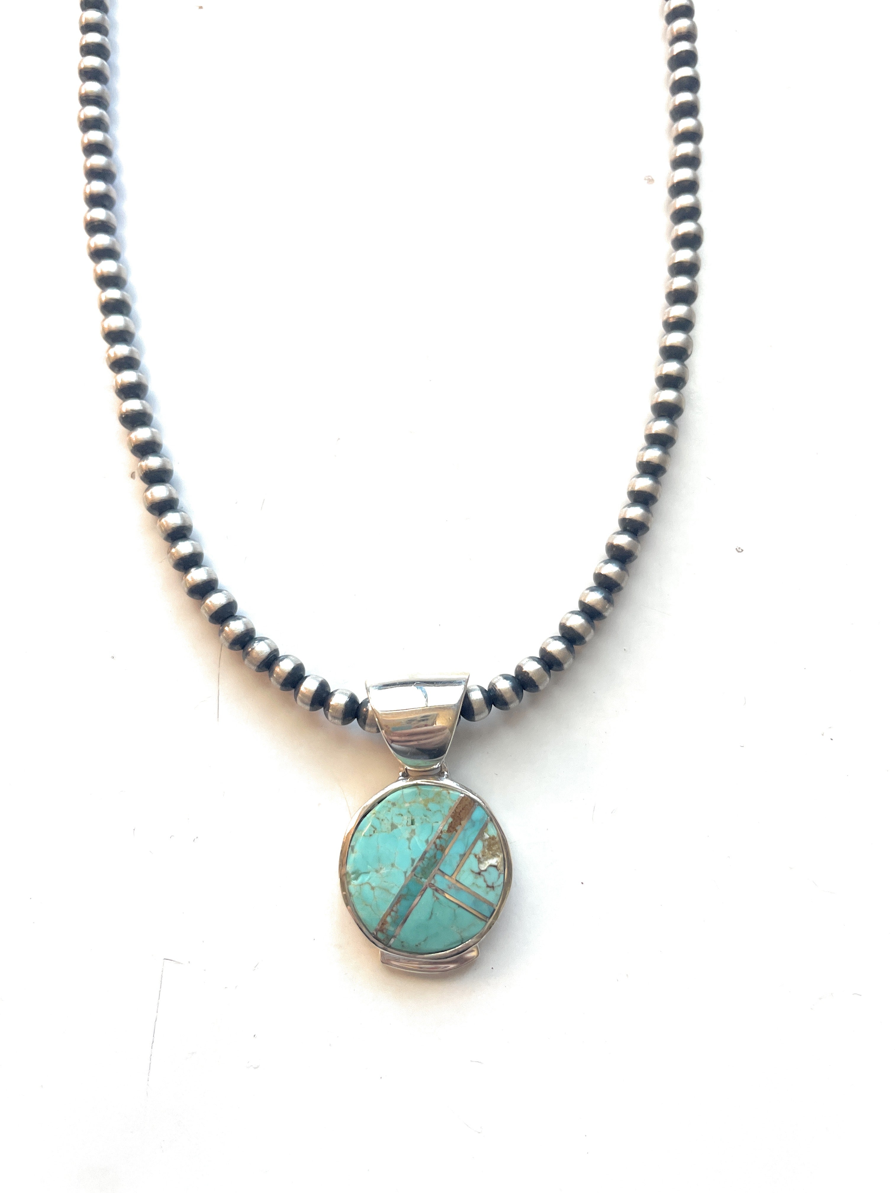 Navajo Number 8 Turquoise Inlay & Sterling Silver Pendant Signed