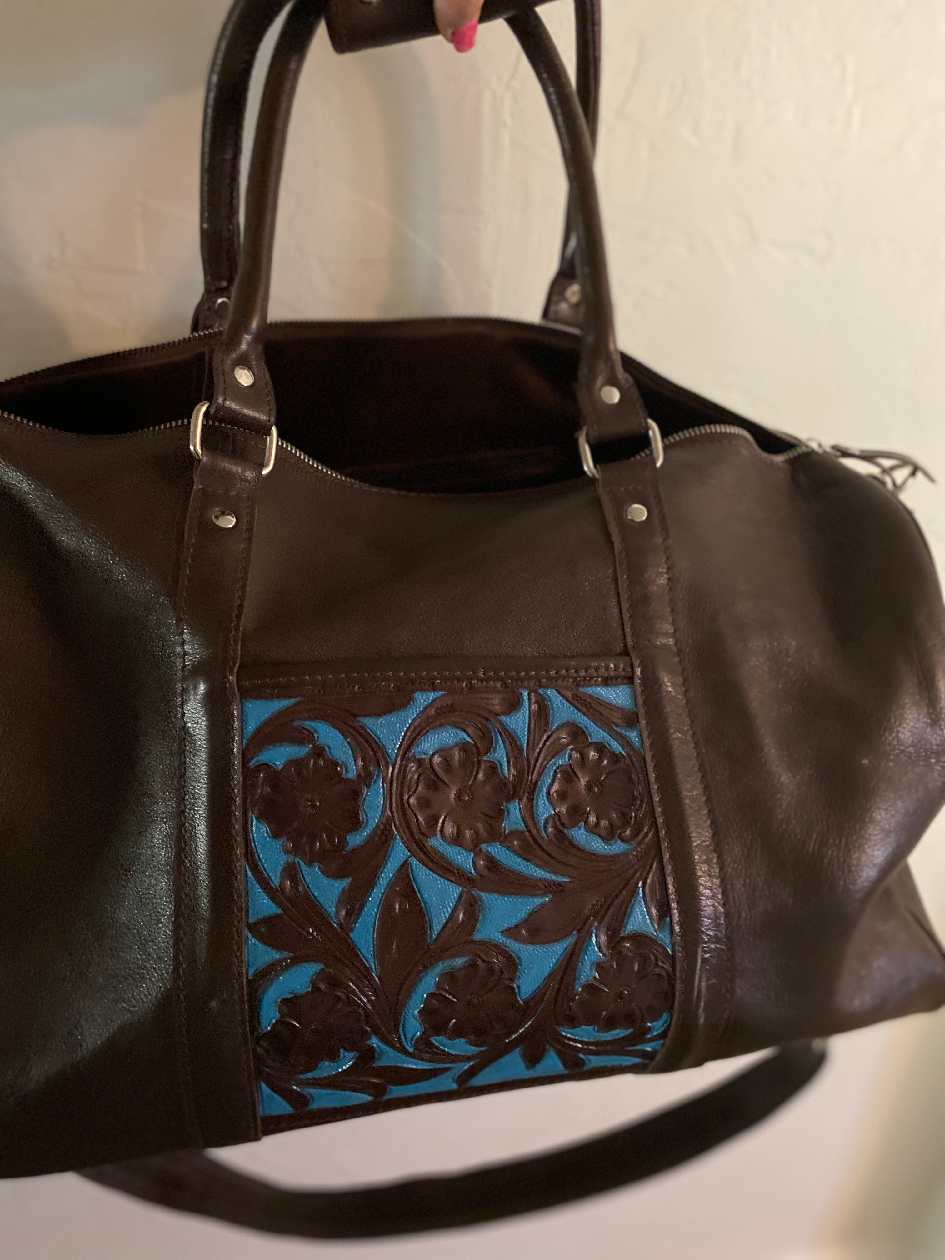 Chocolate Leather and Turquoise Duffle Bag