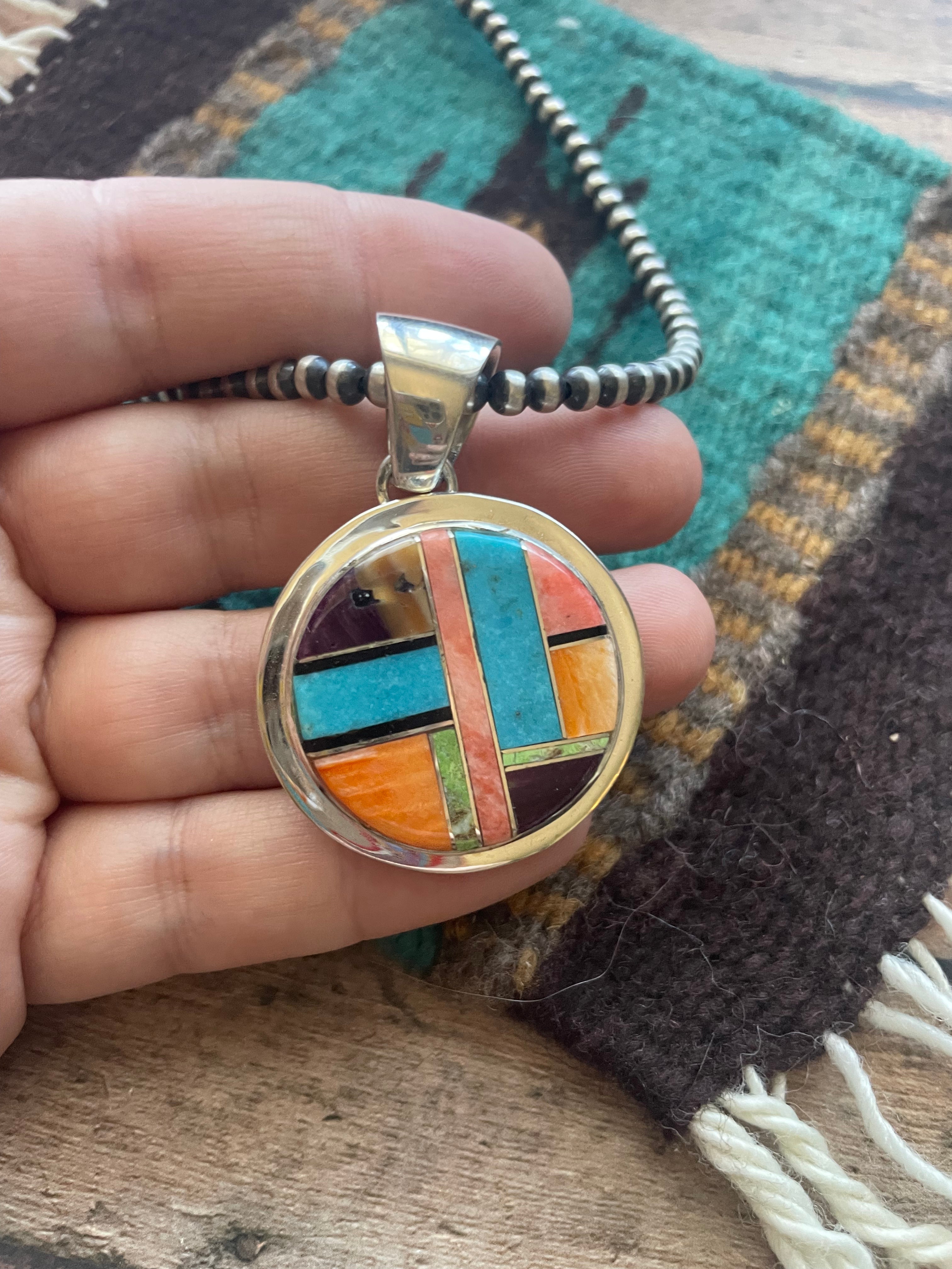 Navajo Multi Stone Inlay & Sterling Silver Circle Pendant