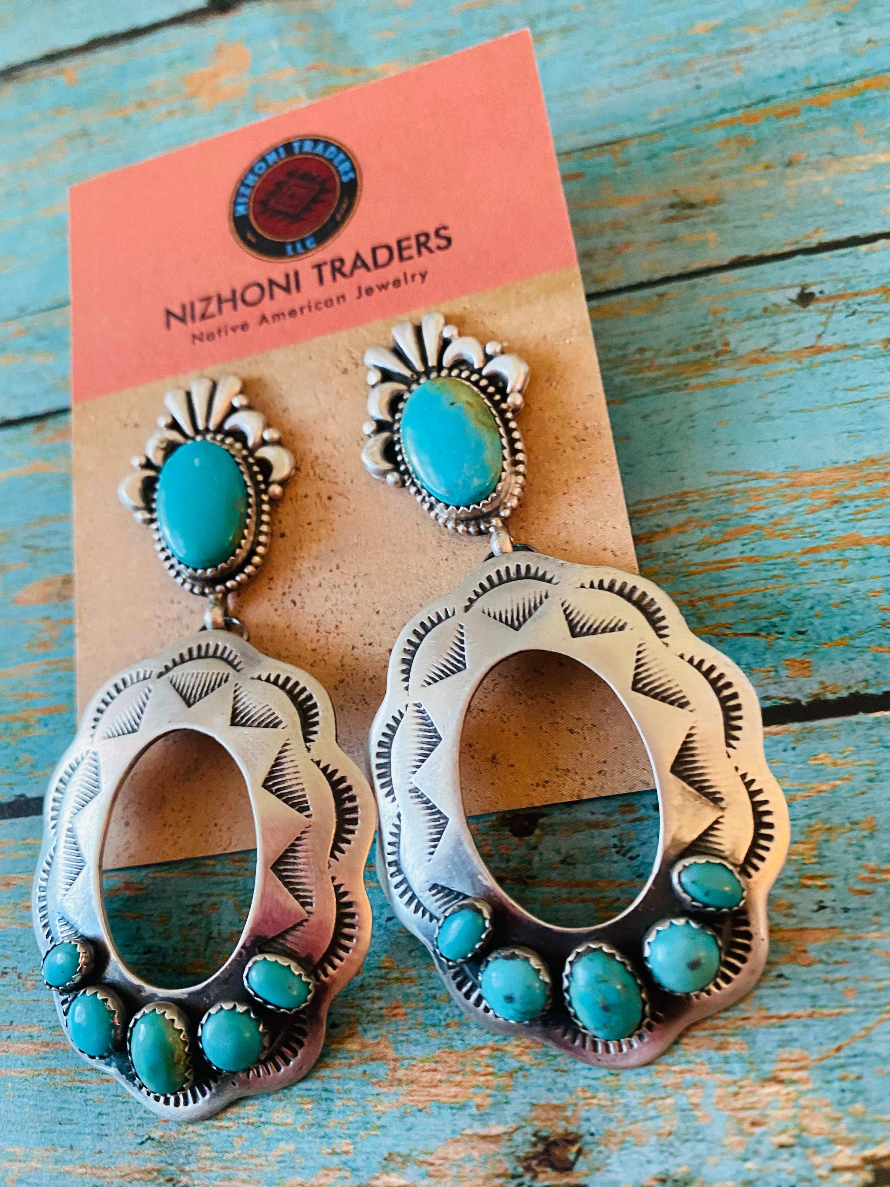 Navajo Sterling Silver & Turquoise Concho Dangle Earrings