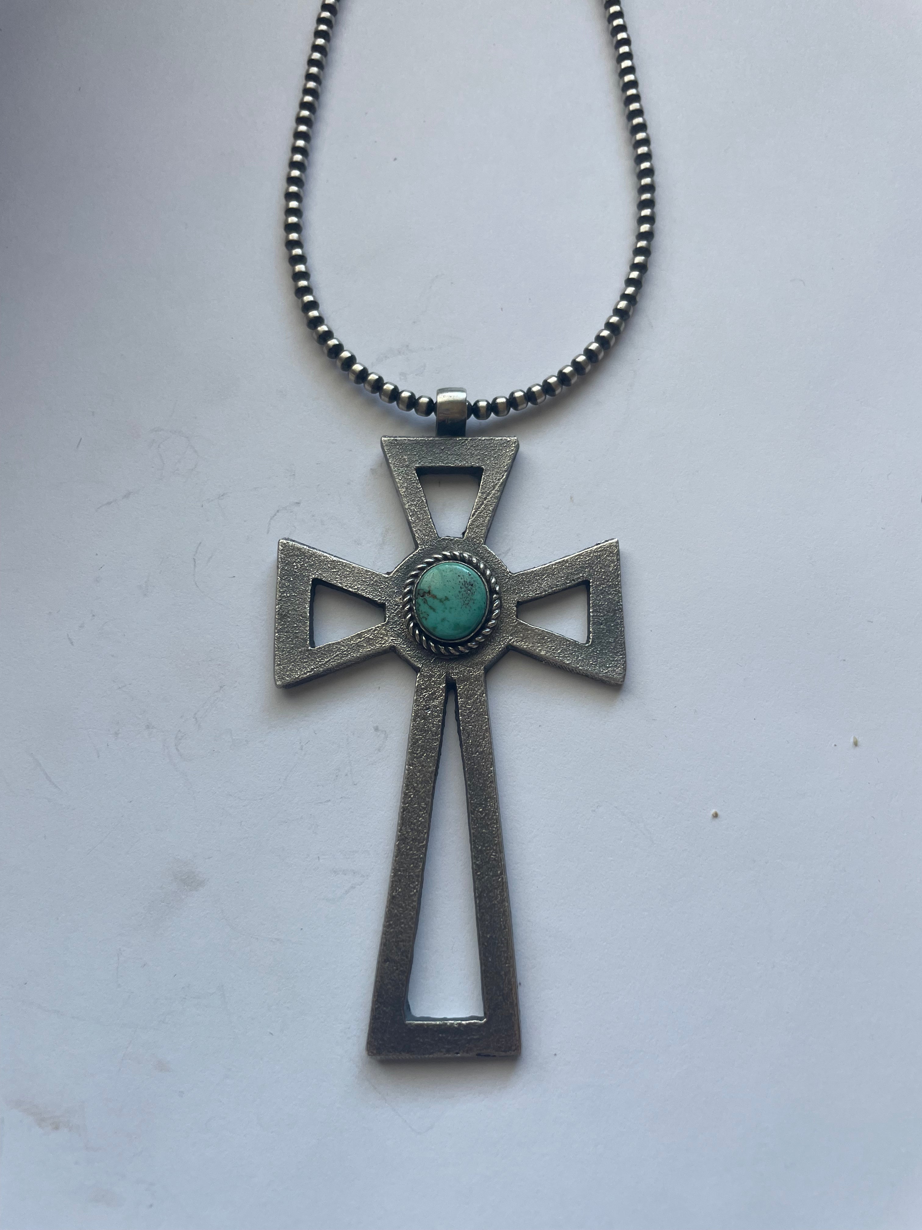 Navajo Sterling Silver & Turquoise Cross Pendant Signed Eugene Mitchell