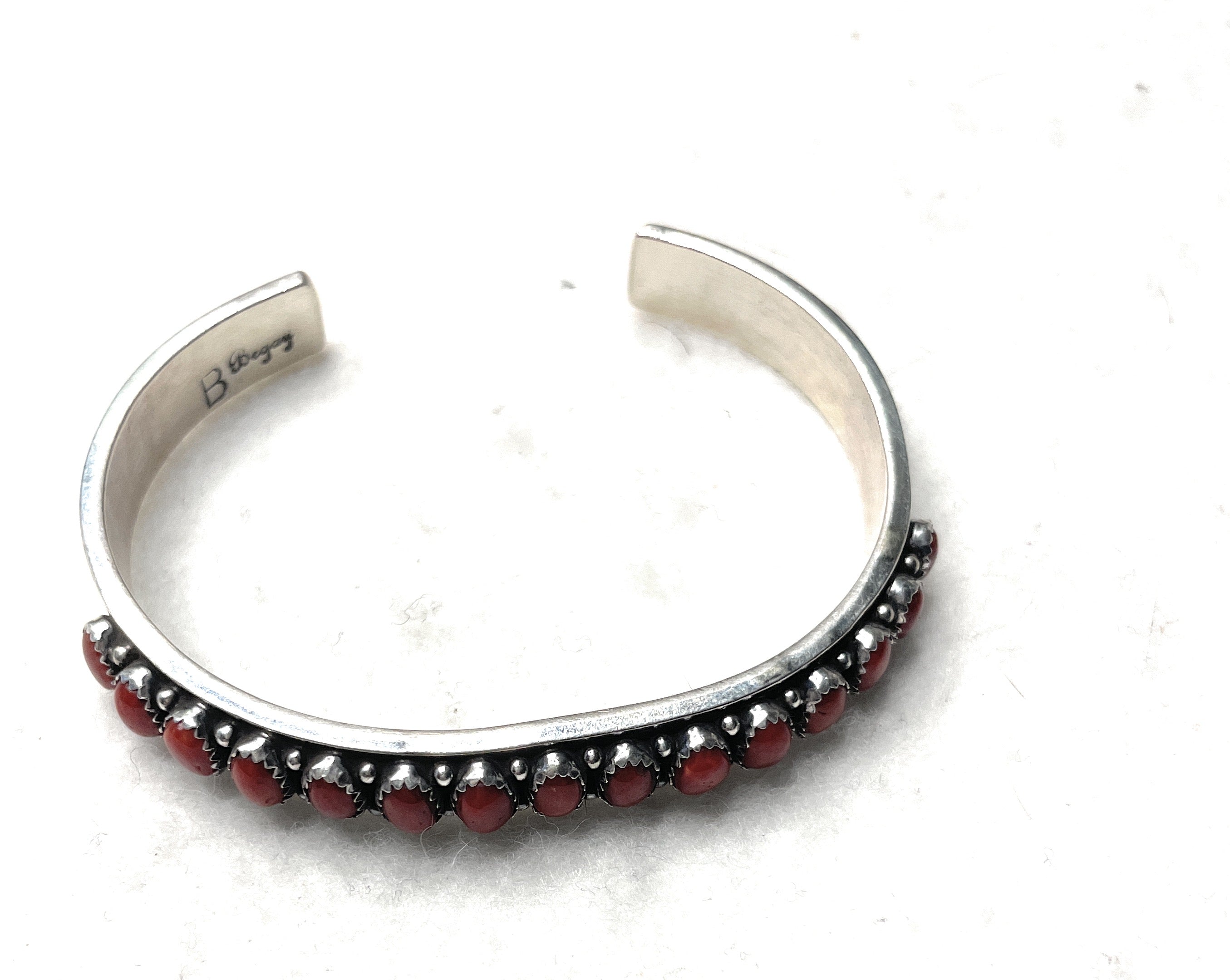 Navajo Natural Coral & Sterling Silver Cuff Bracelet Signed