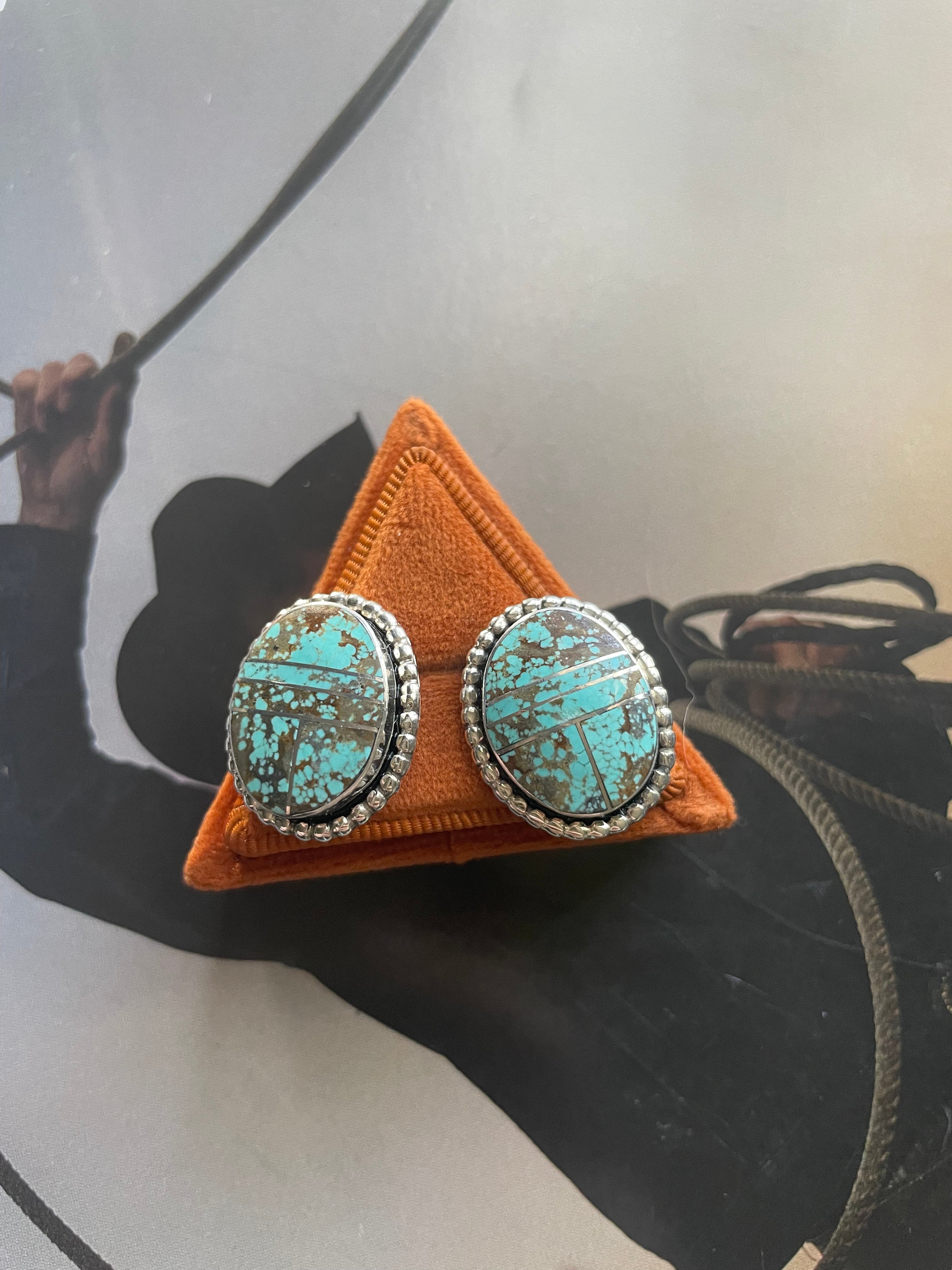 Navajo Number 8 Turquoise Inlay & Sterling Silver Stud Earrings