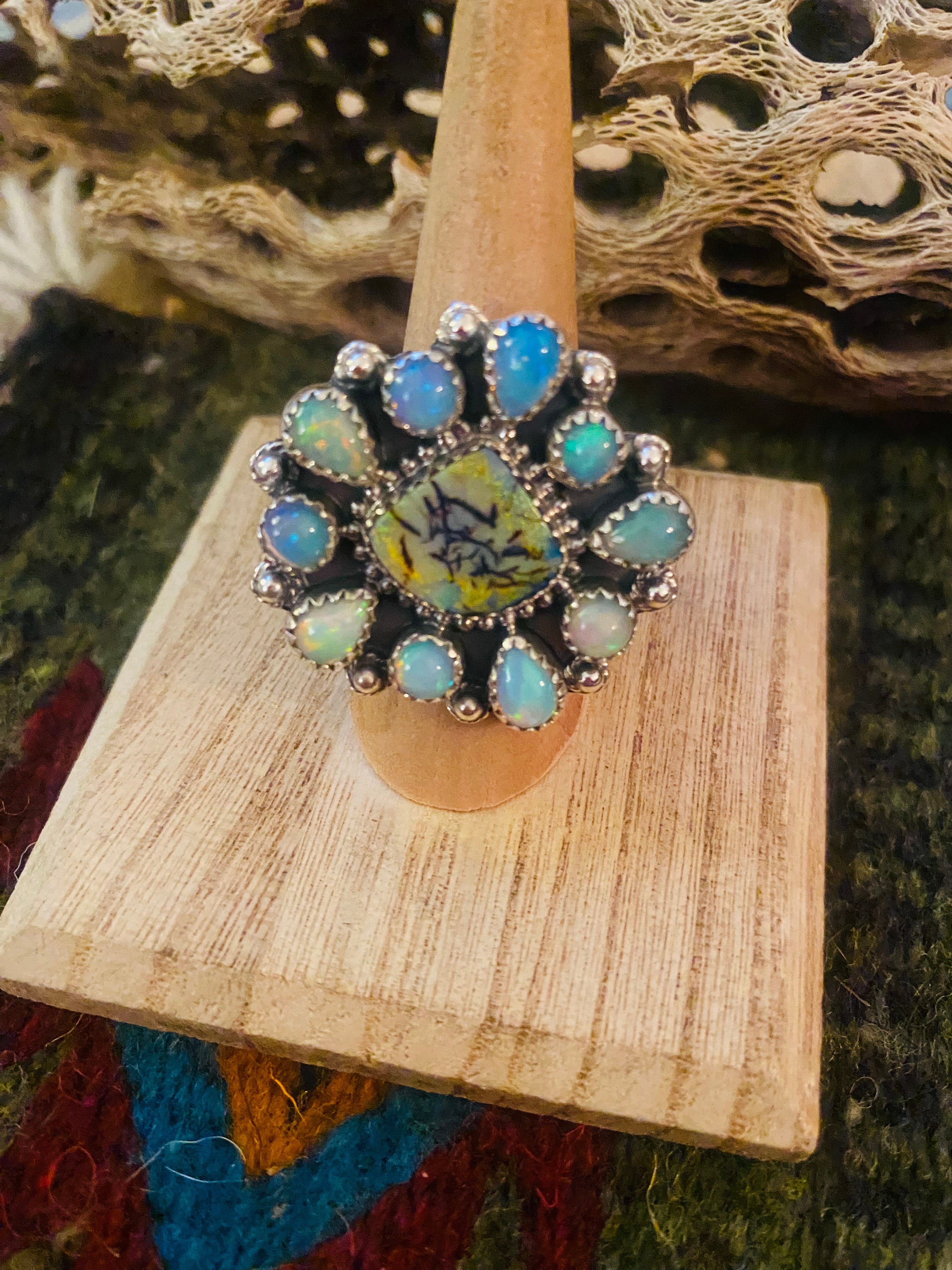 Handmade Sterling Silver & Opal Cluster Adjustable Ring