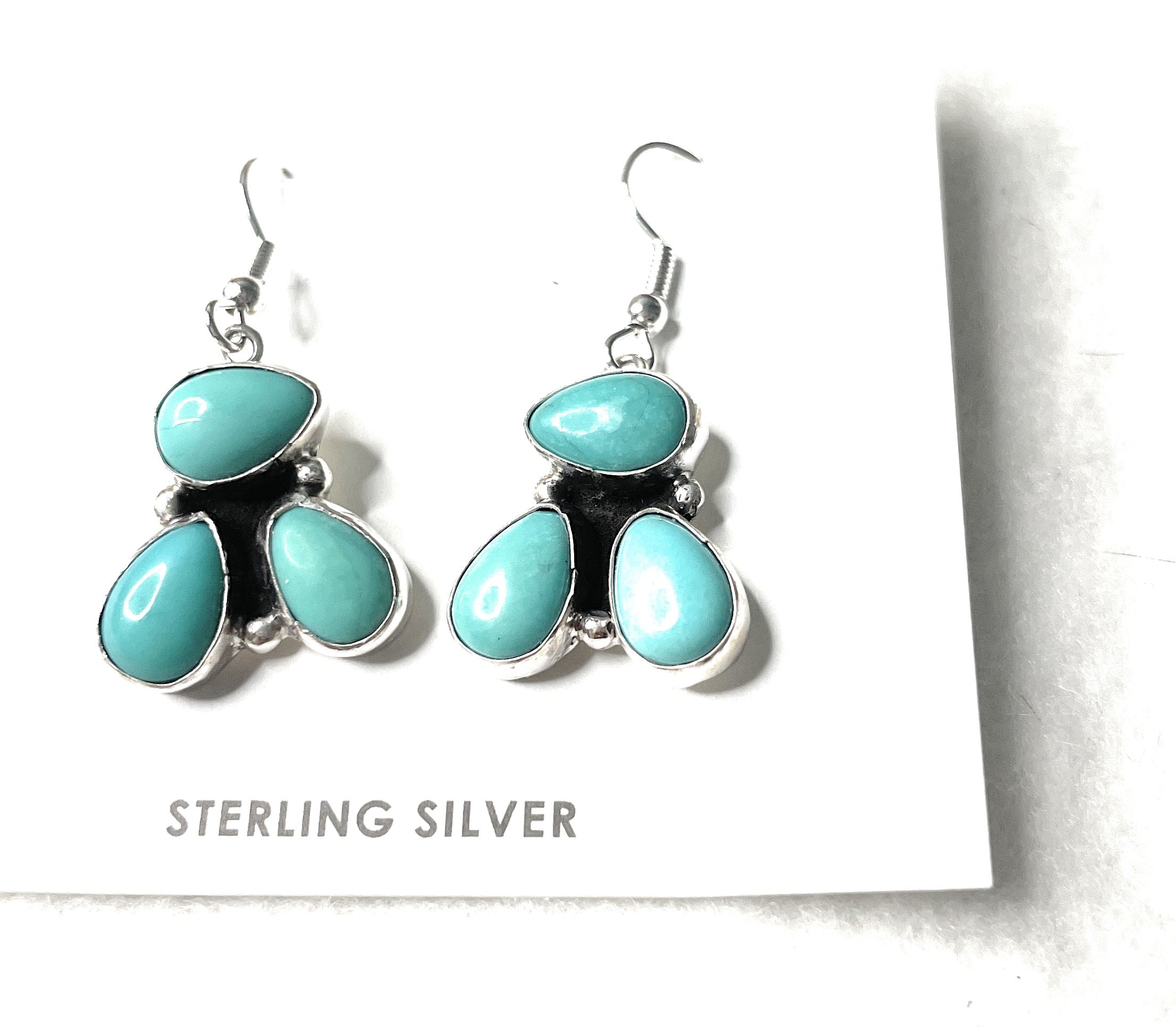 Navajo Turquoise And Sterling Silver 3 Stone Dangle Earrings Signed