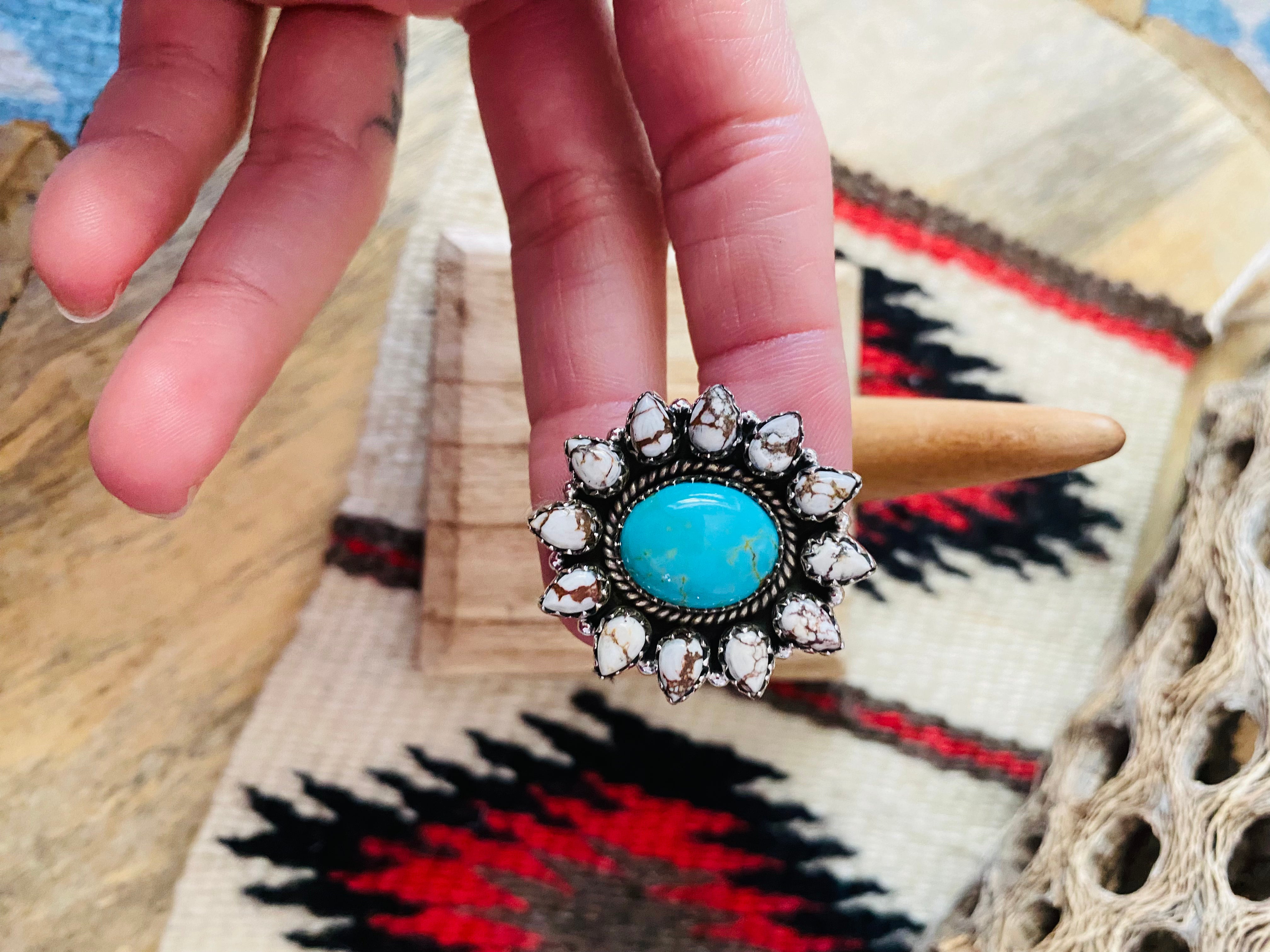 Handmade Sterling Silver, Wild Horse & Turquoise Cluster Adjustable Ring