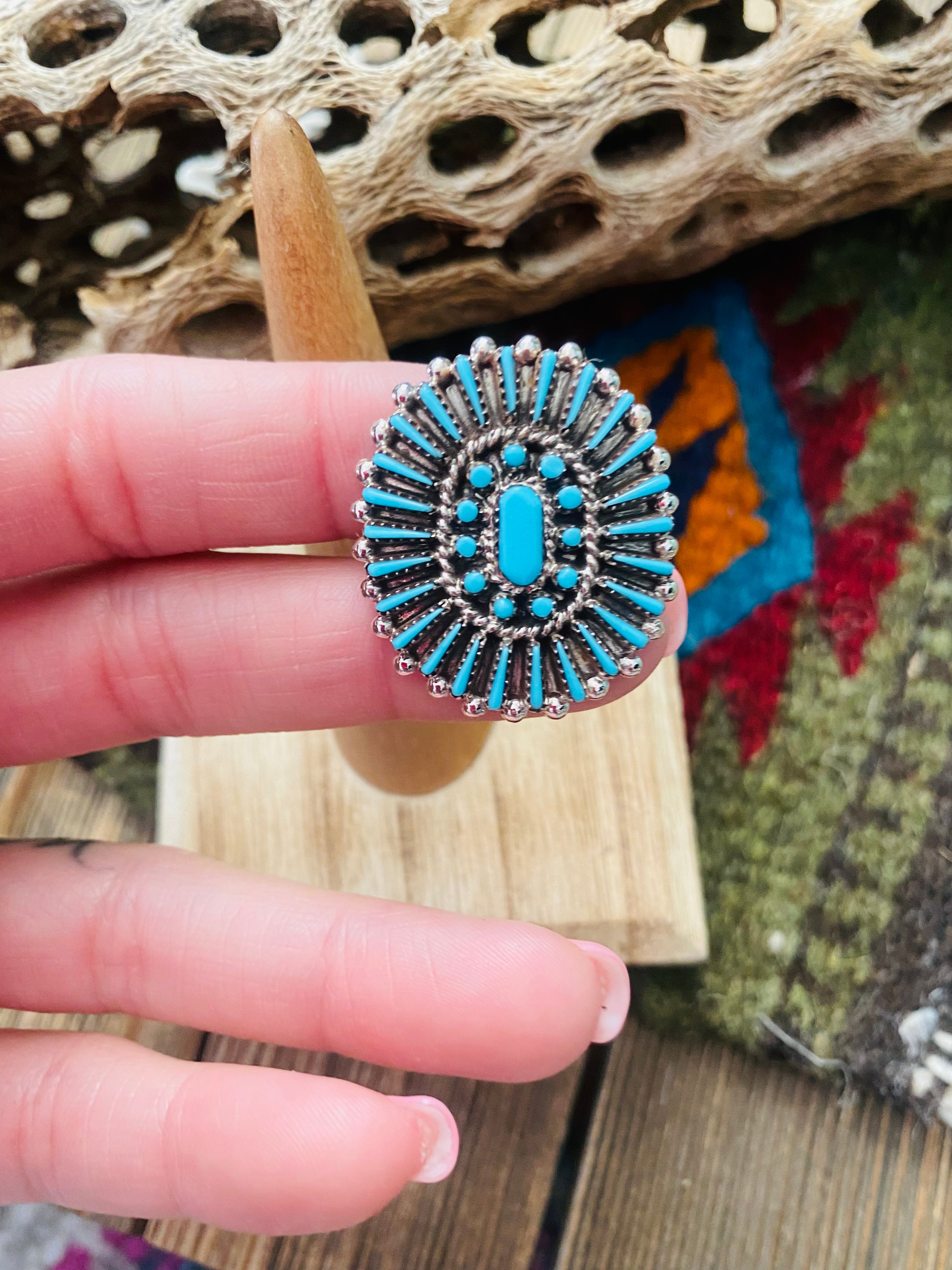 Zuni Sterling Silver & Turquoise Needlepoint Cluster Ring Signed