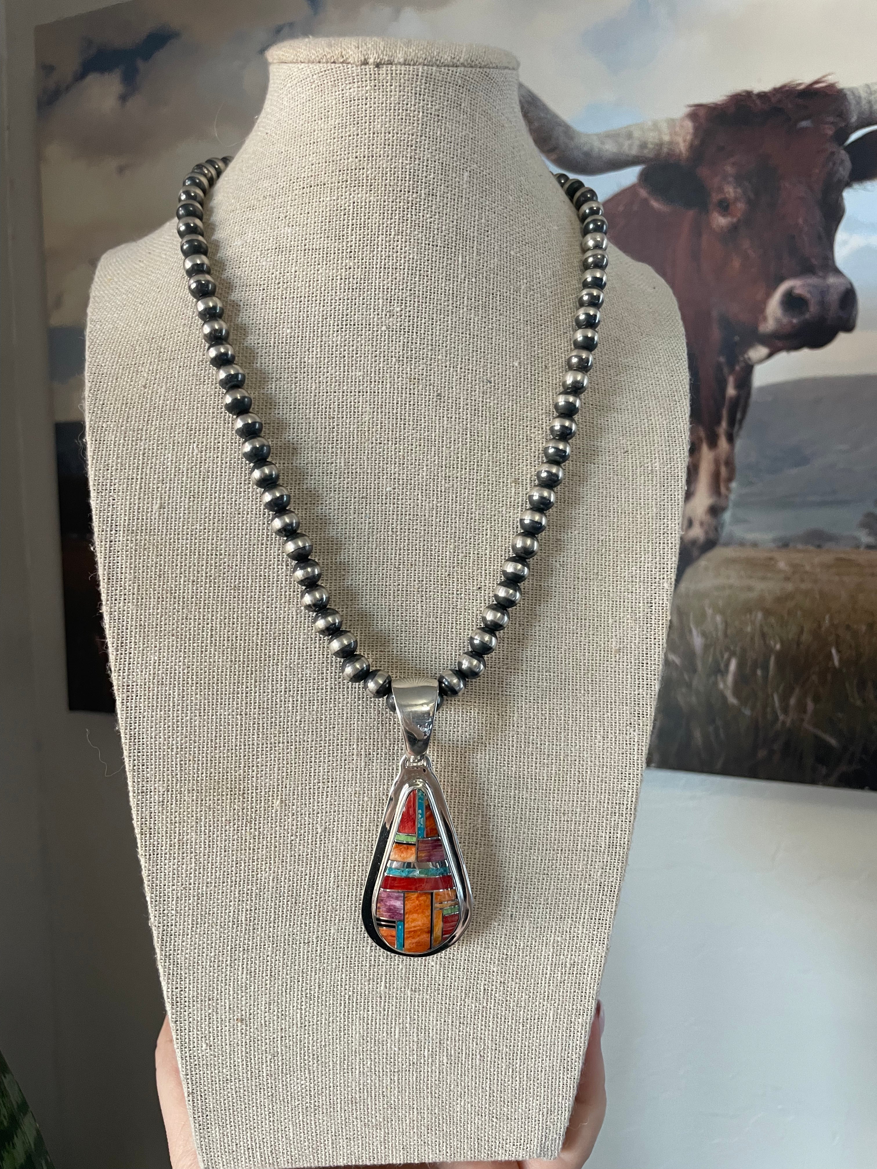 Navajo Multi Stone Inlay & Sterling Silver Pendant Signed