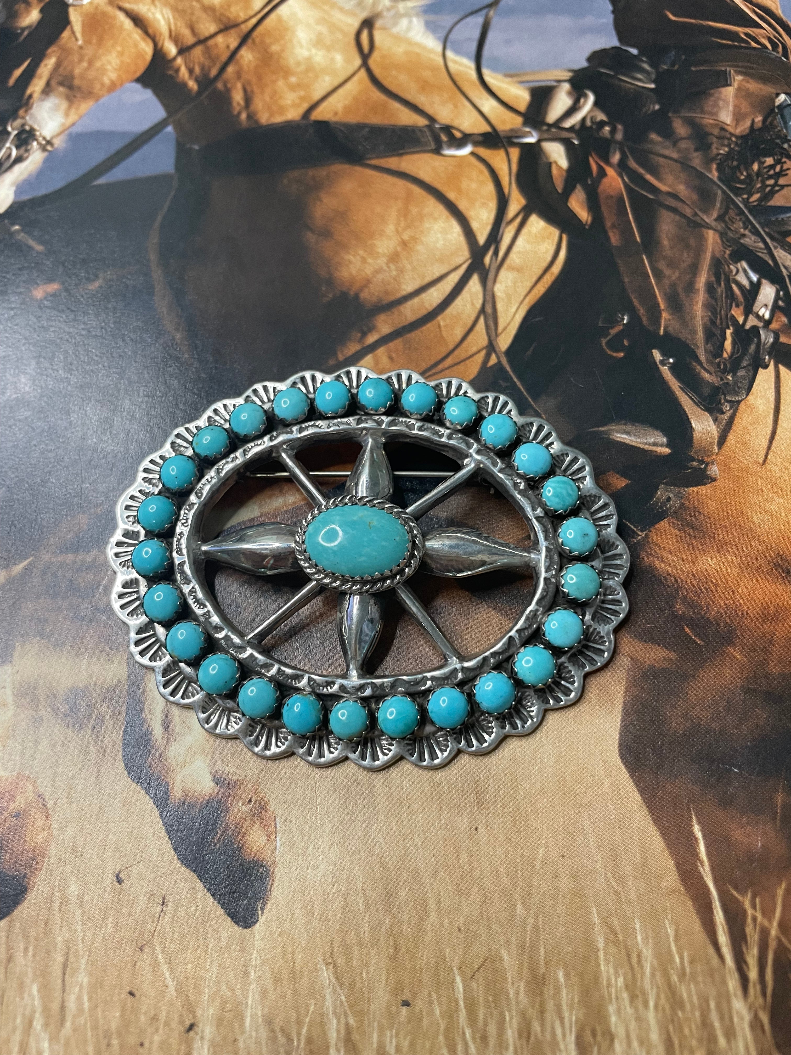 Navajo Turquoise And Sterling Silver Pendant Pin Signed