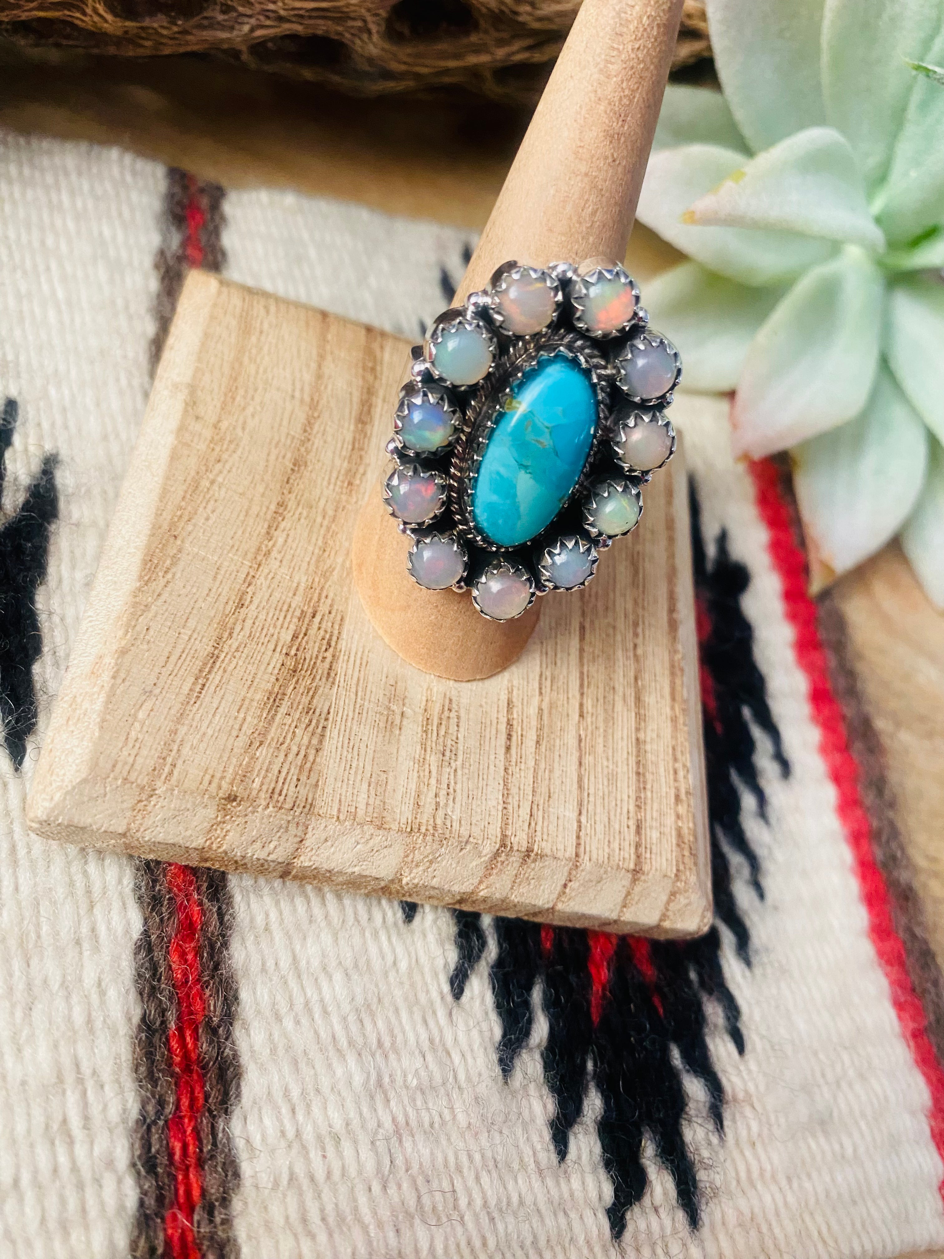 Handmade Sterling Silver, Turquoise & Opal Cluster Adjustable Ring