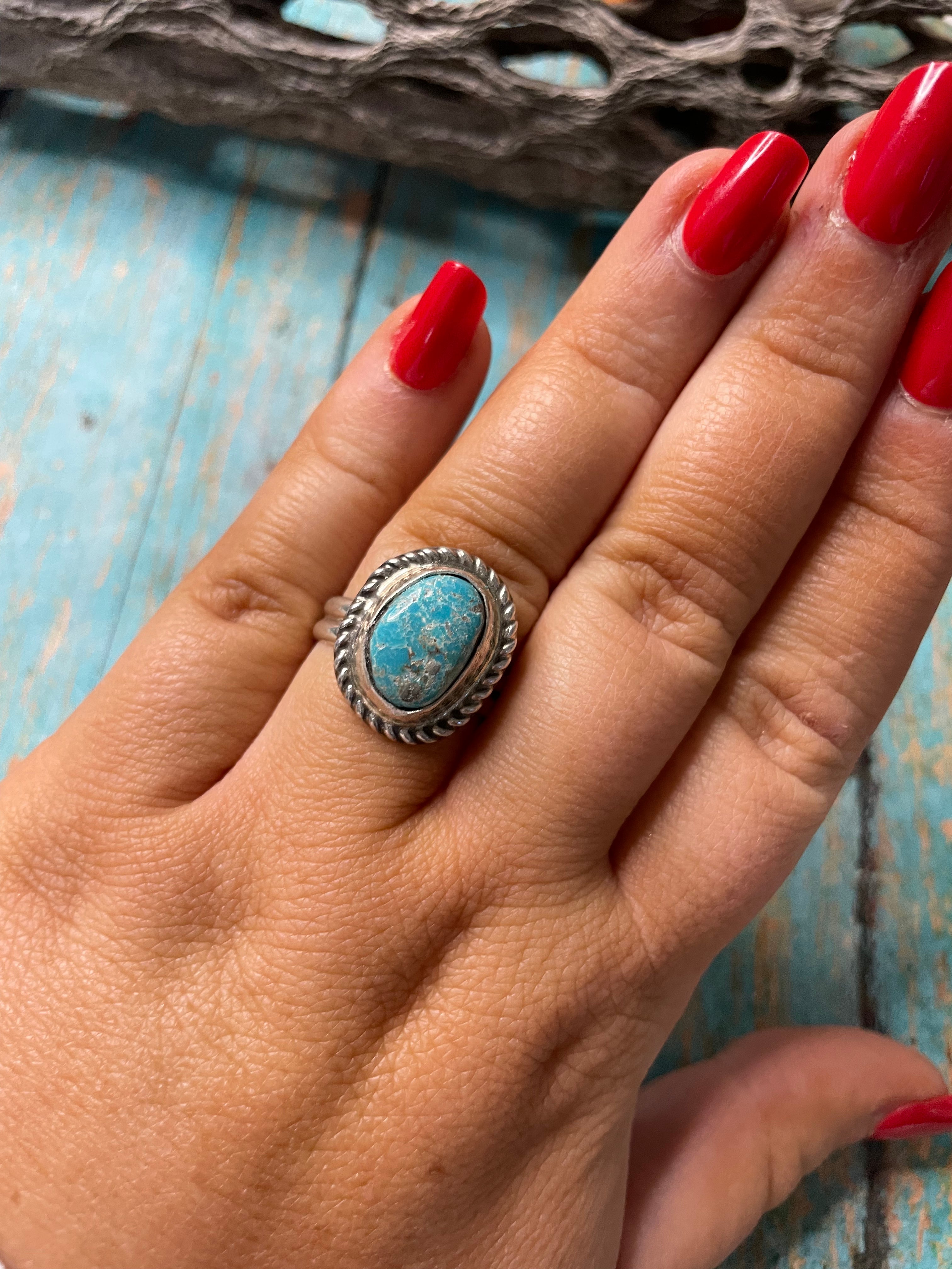 Old Pawn Navajo Sterling Silver & Turquoise Ring Size 8.5