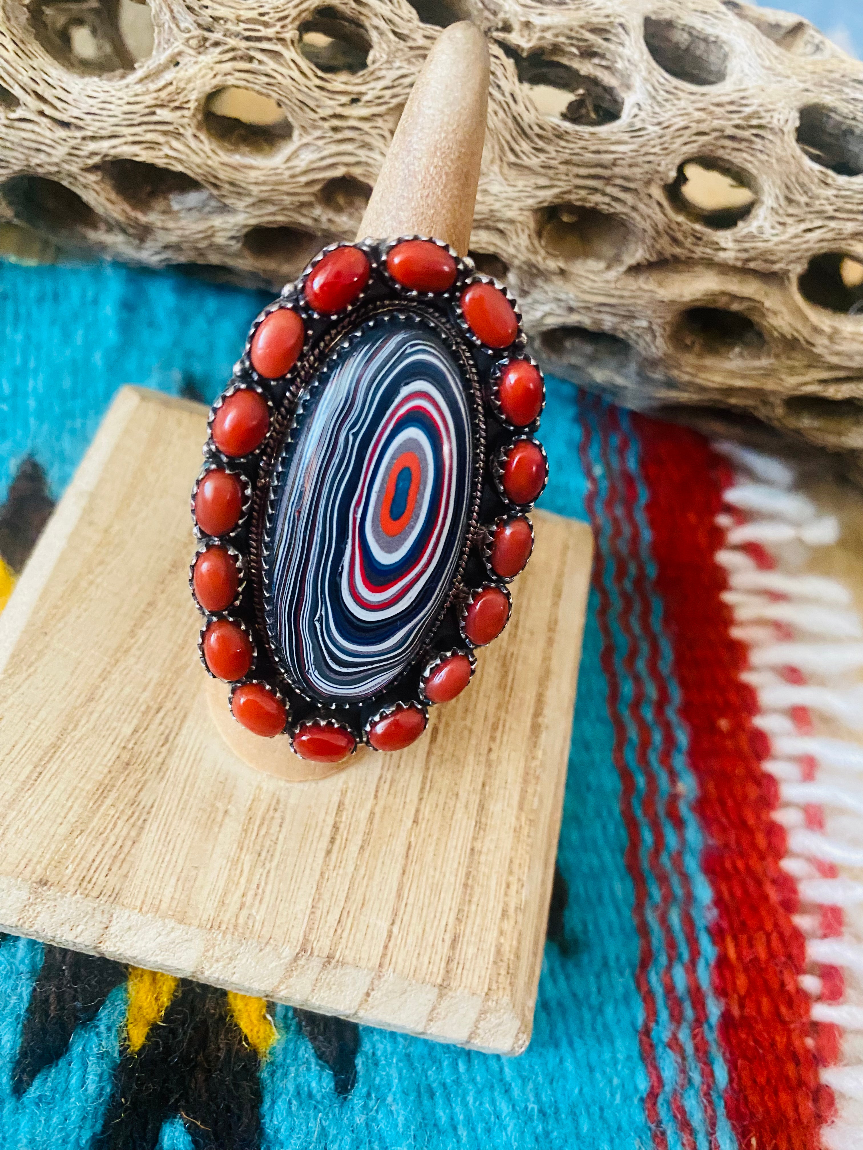 Handmade Sterling Silver, Fordite & Coral Cluster Adjustable Ring