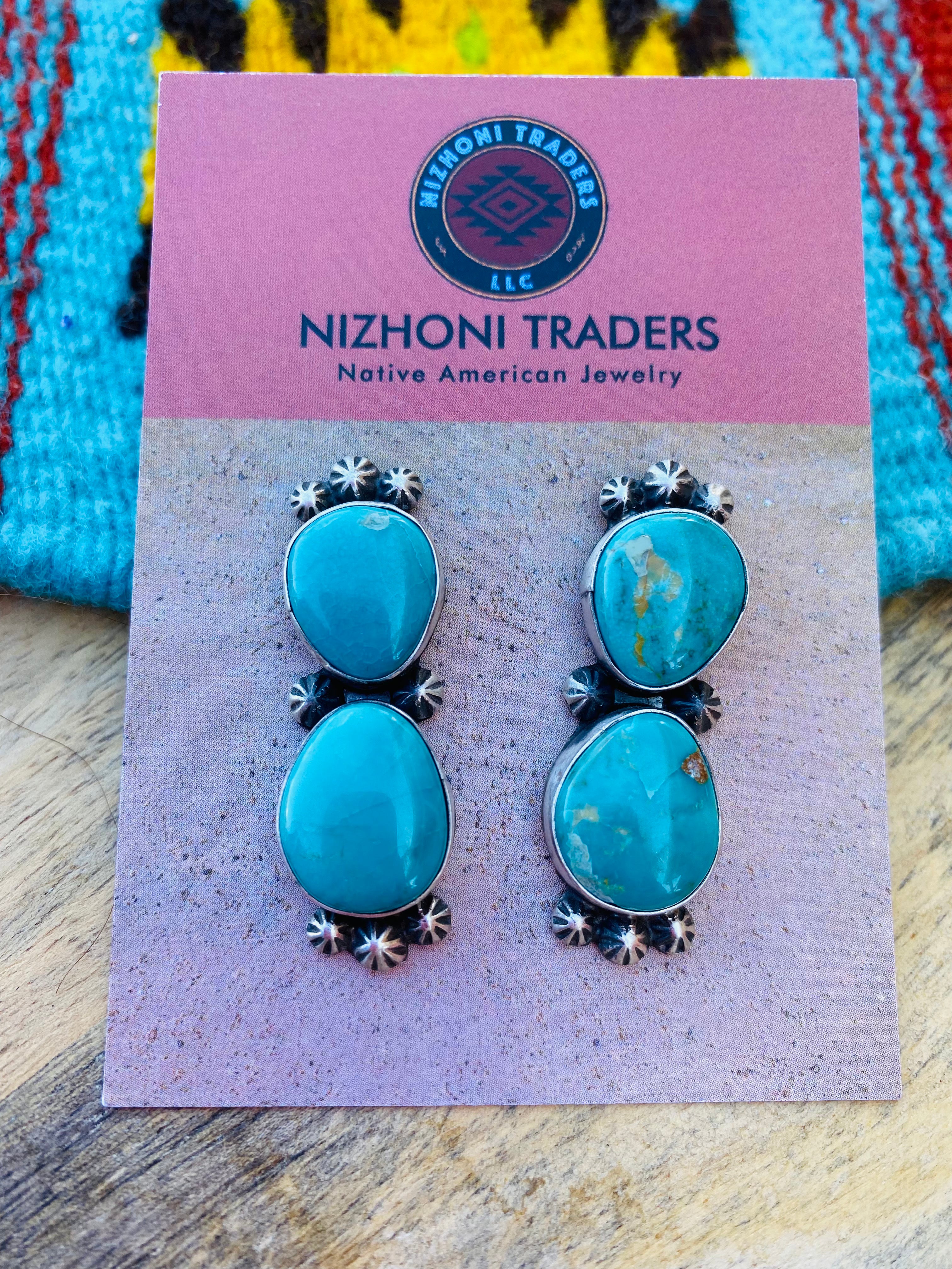 Navajo Sterling Silver & Royston Turquoise Post Earrings Signed