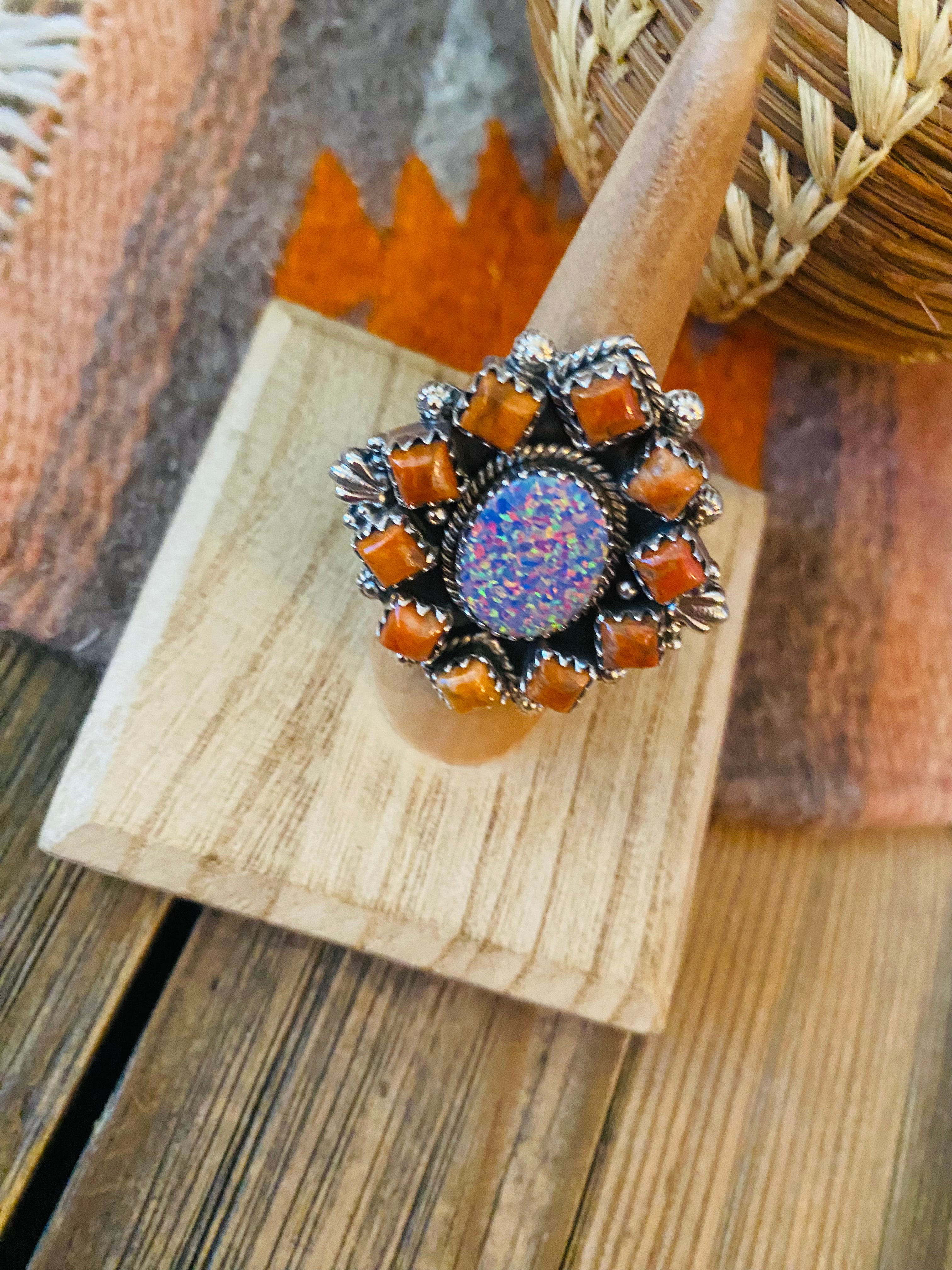 Handmade Sterling Silver, Orange Mojave & Opal Cluster Adjustable Ring