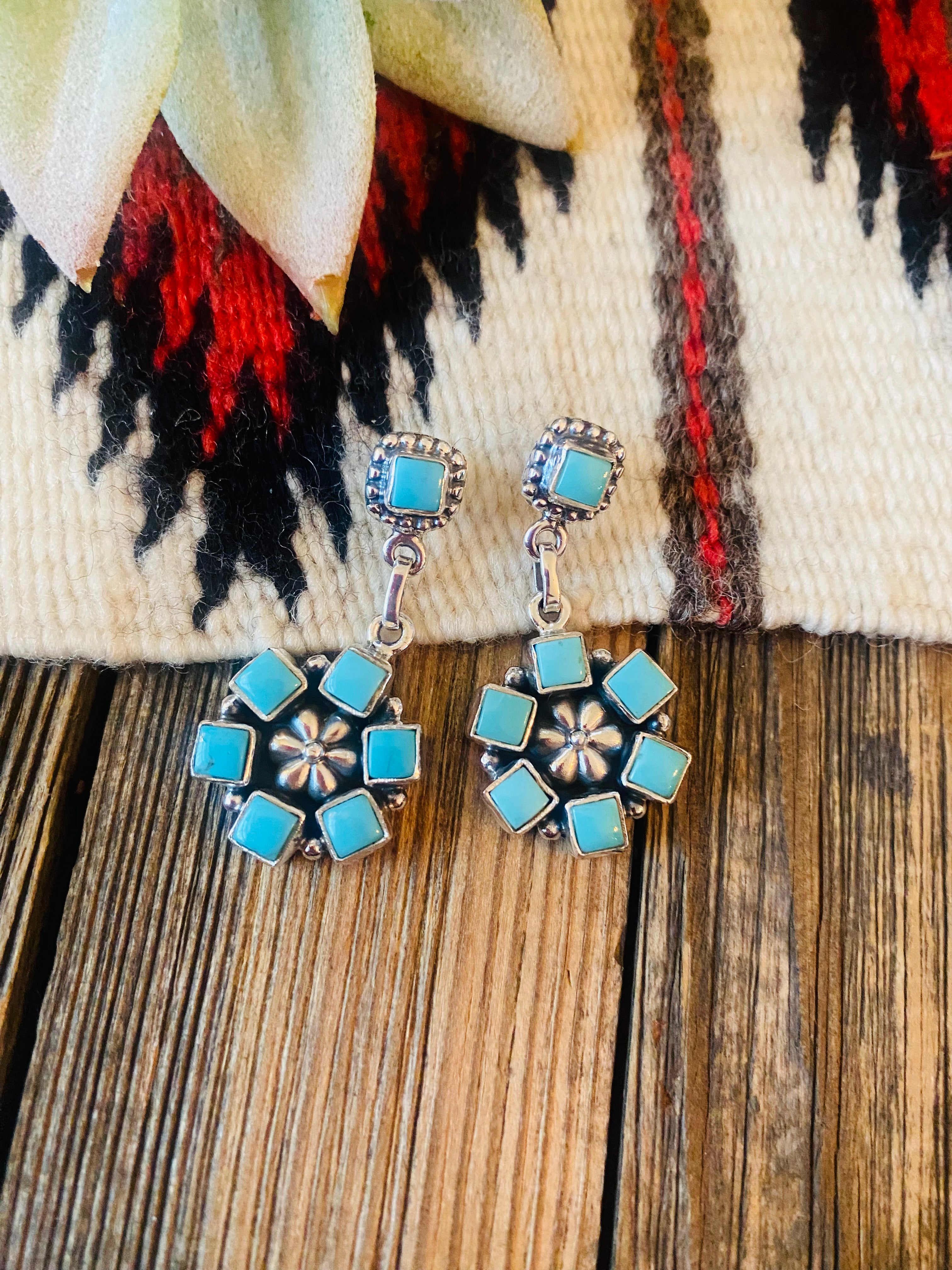 Handmade Turquoise And Sterling Silver Cluster Dangle Earrings