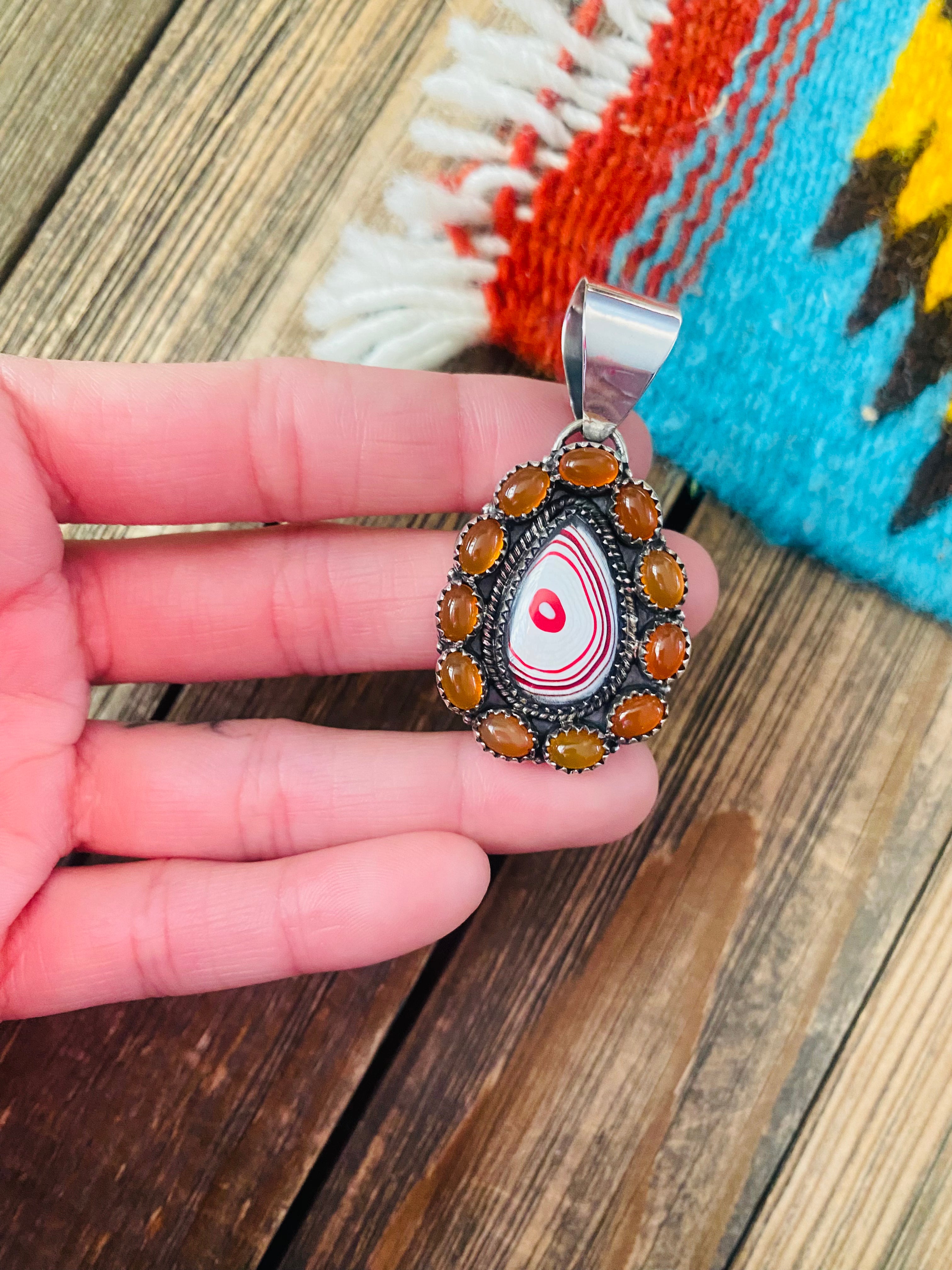 Handmade Sterling Silver, Fordite & Garnet Cluster Pendant