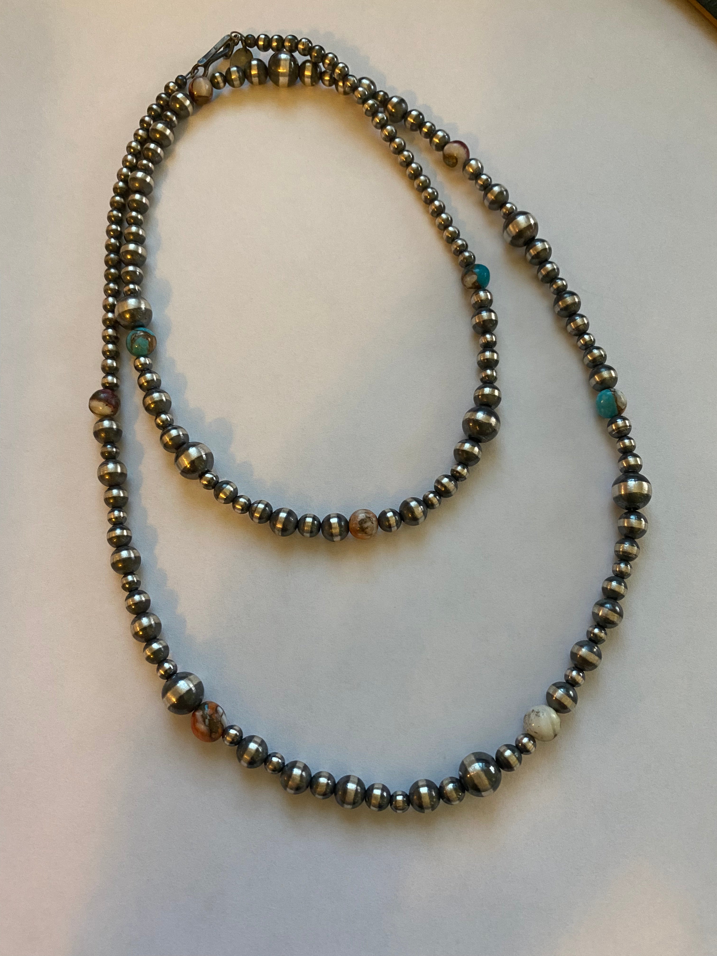 Navajo Turquoise & Spiny Spice Sterling Silver Beaded Necklace 30 inch