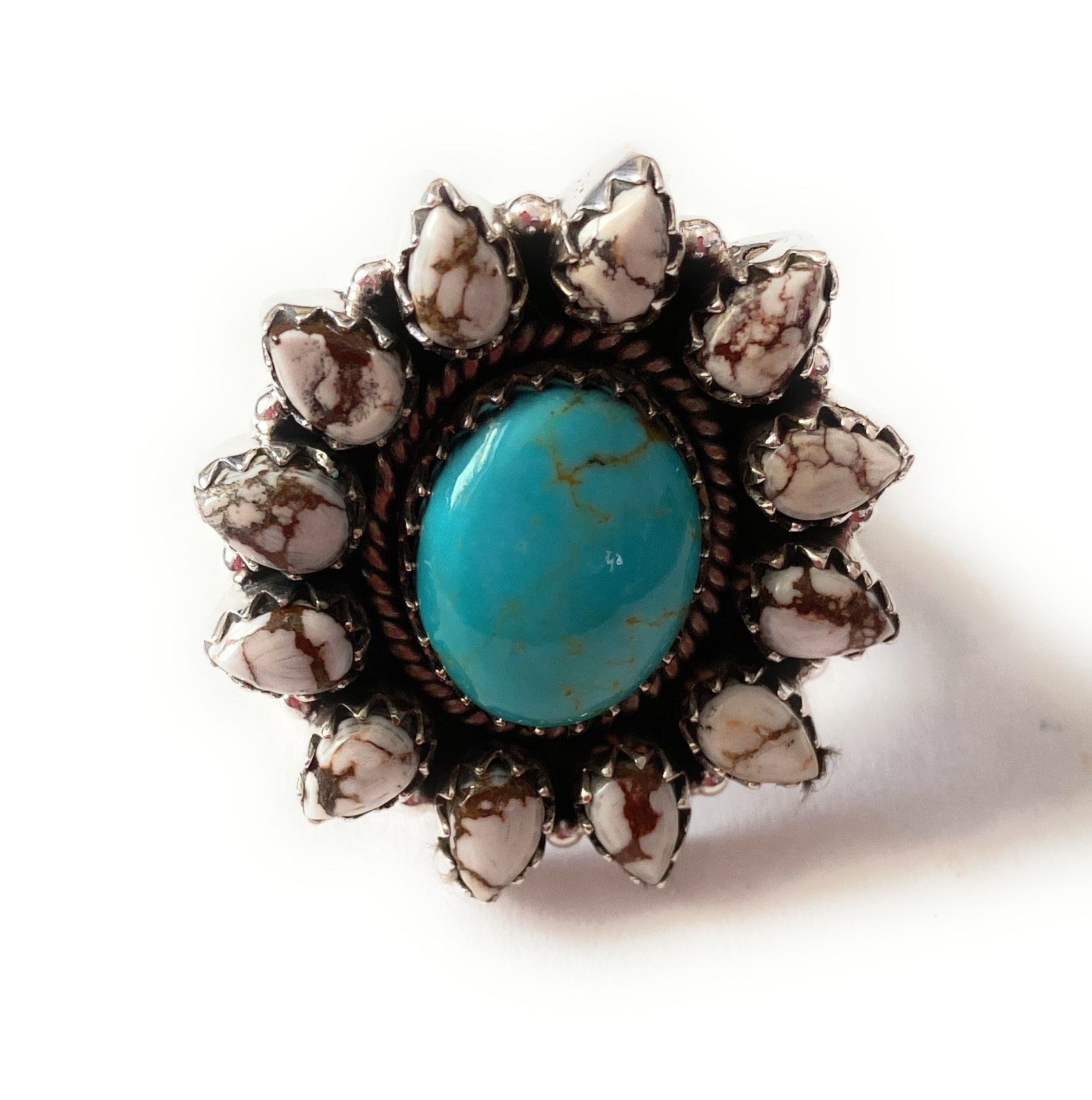 Handmade Sterling Silver, Wild Horse & Turquoise Cluster Adjustable Ring