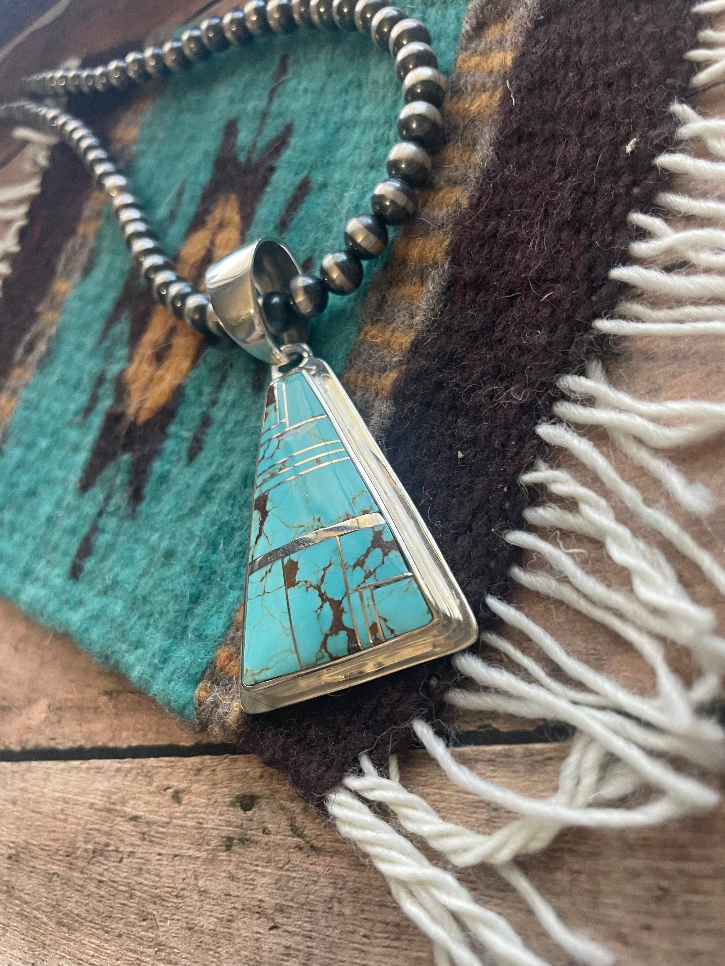 Navajo Number 8 Turquoise Inlay & Sterling Silver Triangle Pendant