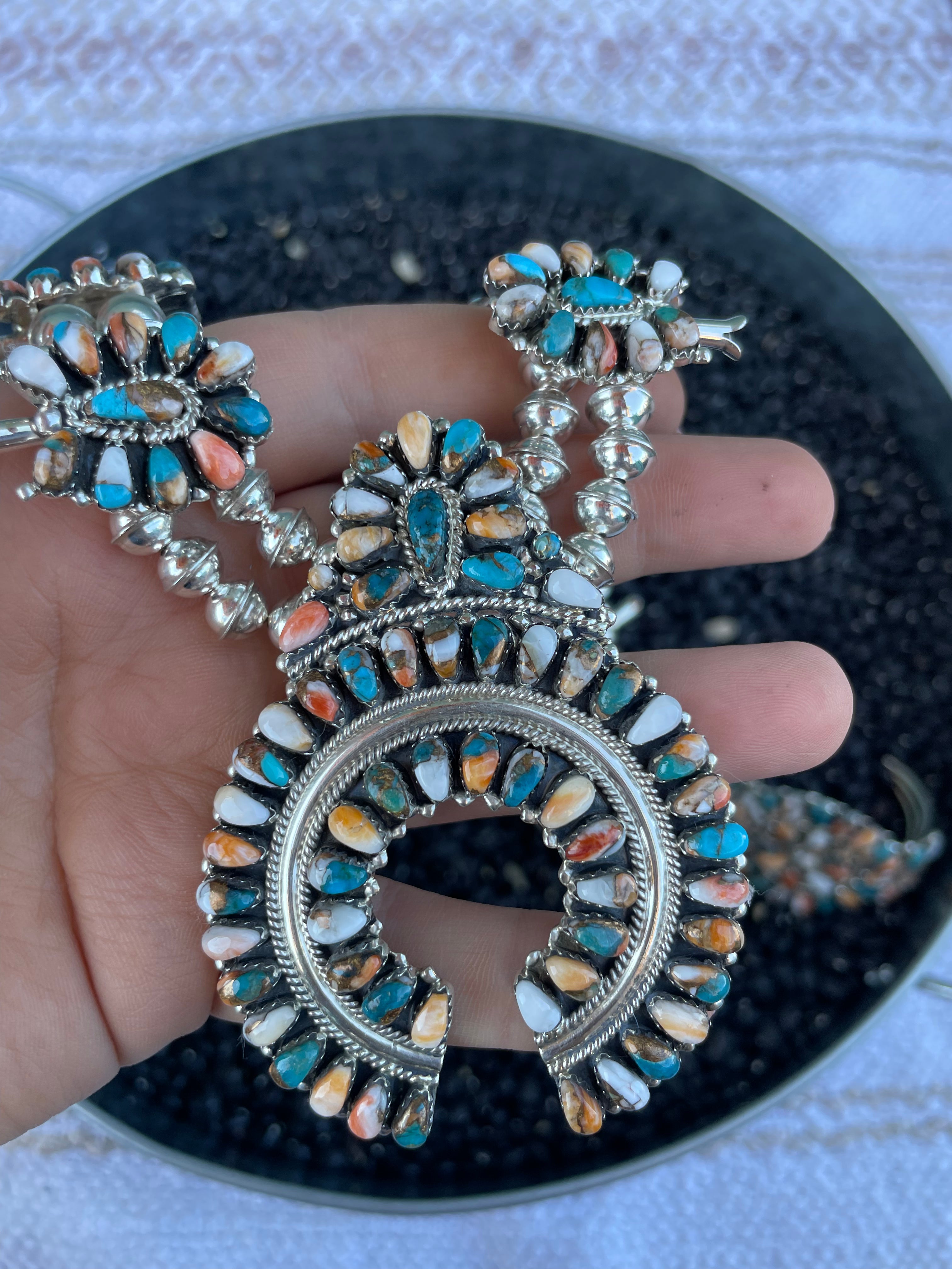 Navajo Multi Stone Spice And Sterling Silver 7 Piece Set Signed