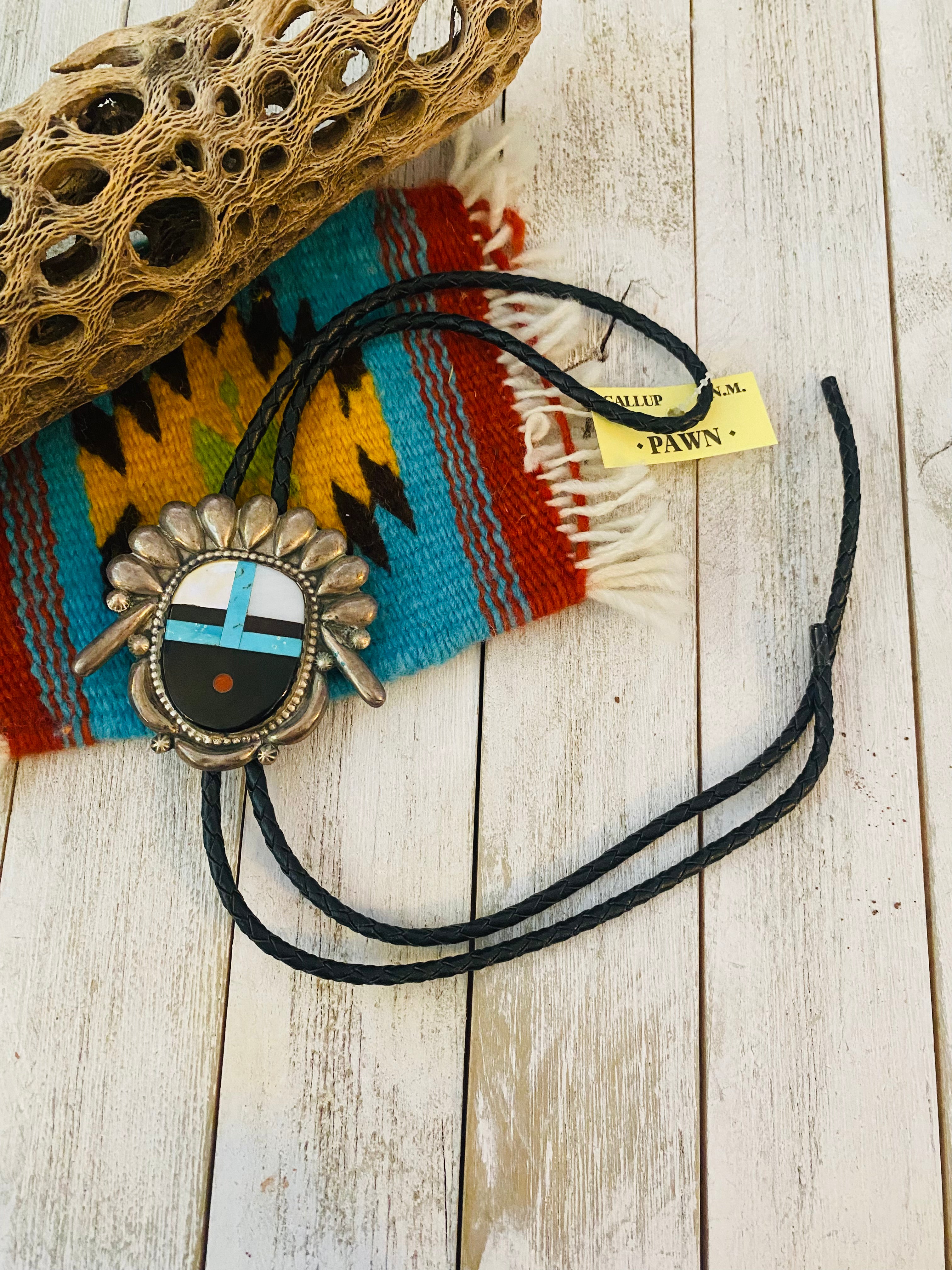 Vintage Navajo Sterling Silver & Multi Stone Inlay Bolo Tie