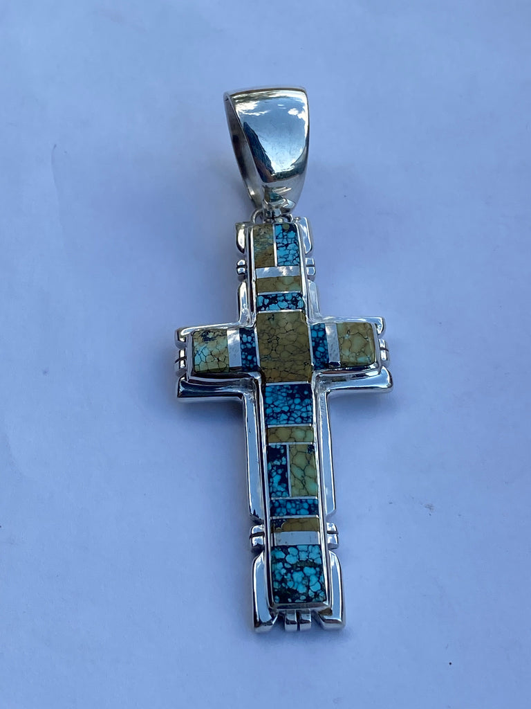 Natural Blue Moon Turquoise & Sterling Silver Navajo Cross Pendant