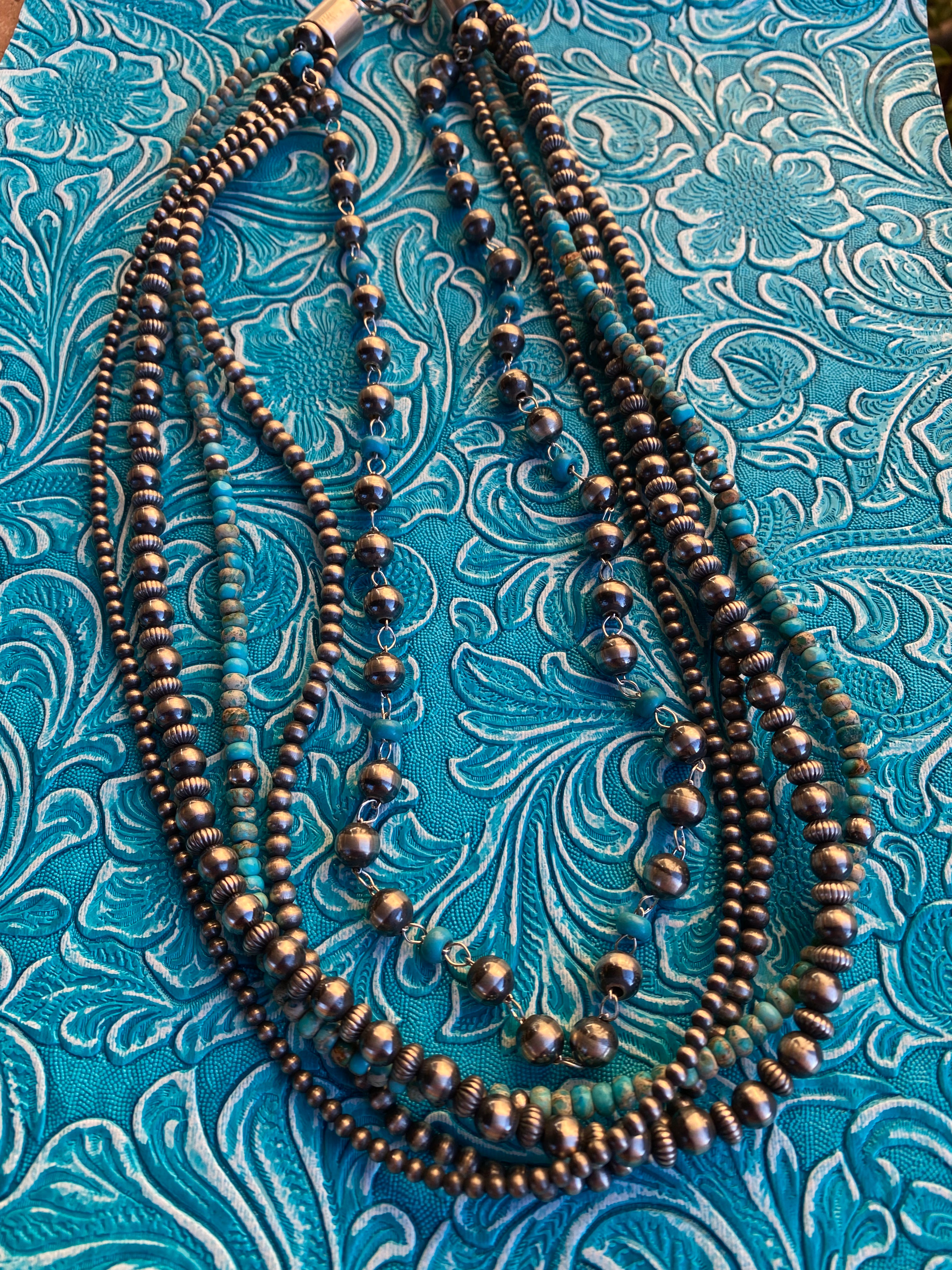 Navajo Turquoise & Sterling Silver 5 strand Beaded Necklace