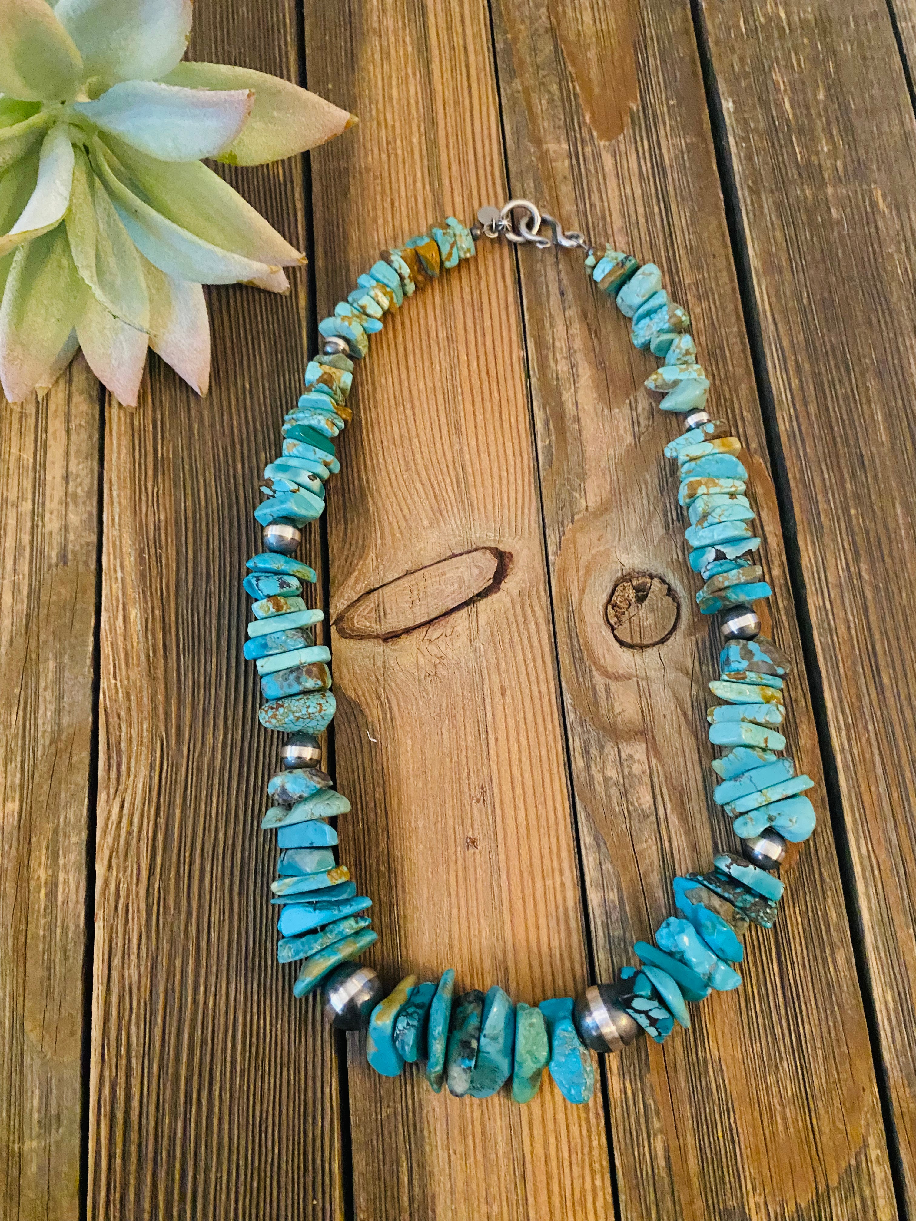 Navajo Turquoise & Sterling Silver Chunky Beaded Necklace 18”