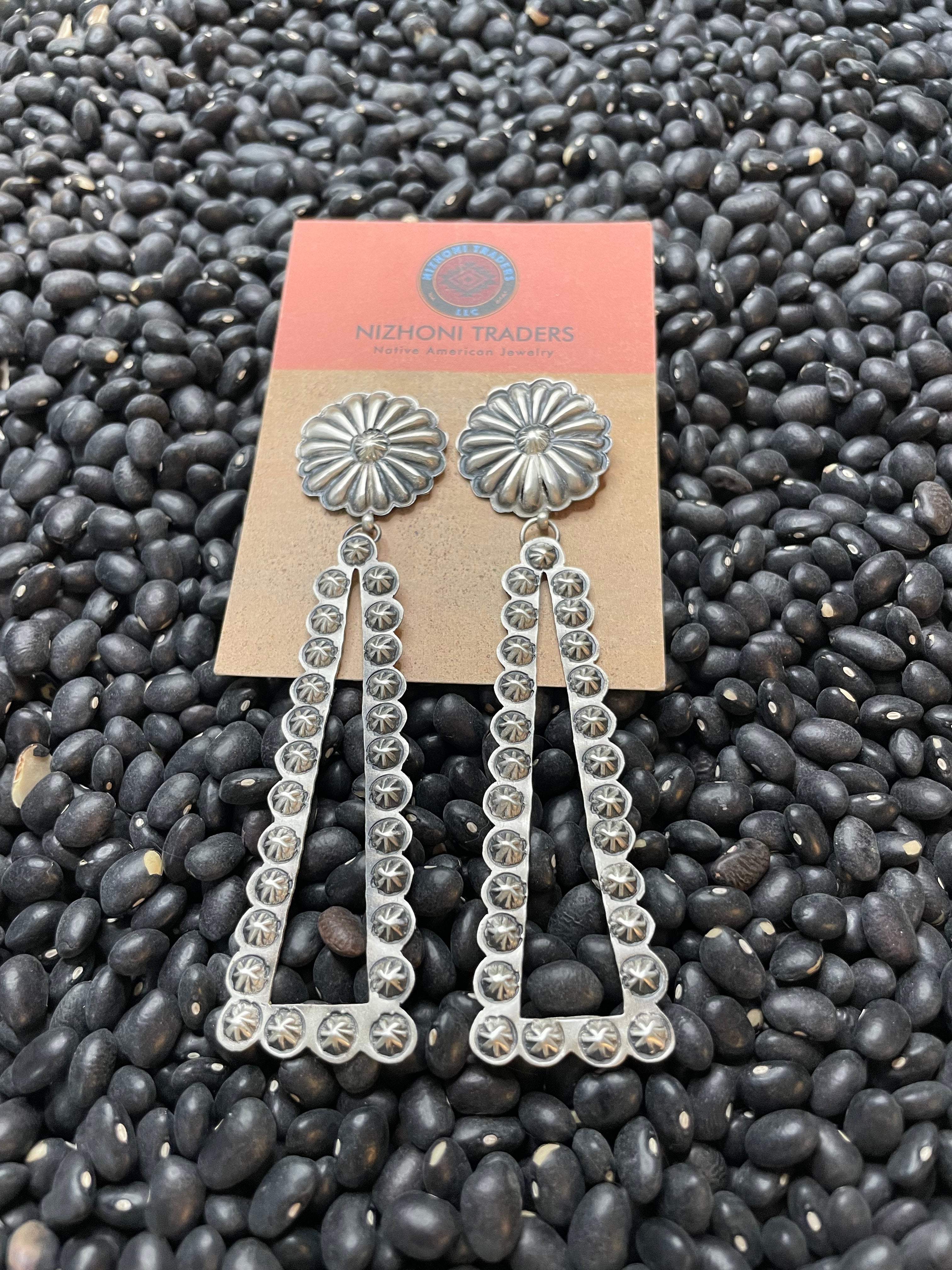 Navajo Sterling Silver Concho Dangle Earrings By Eugene Charley