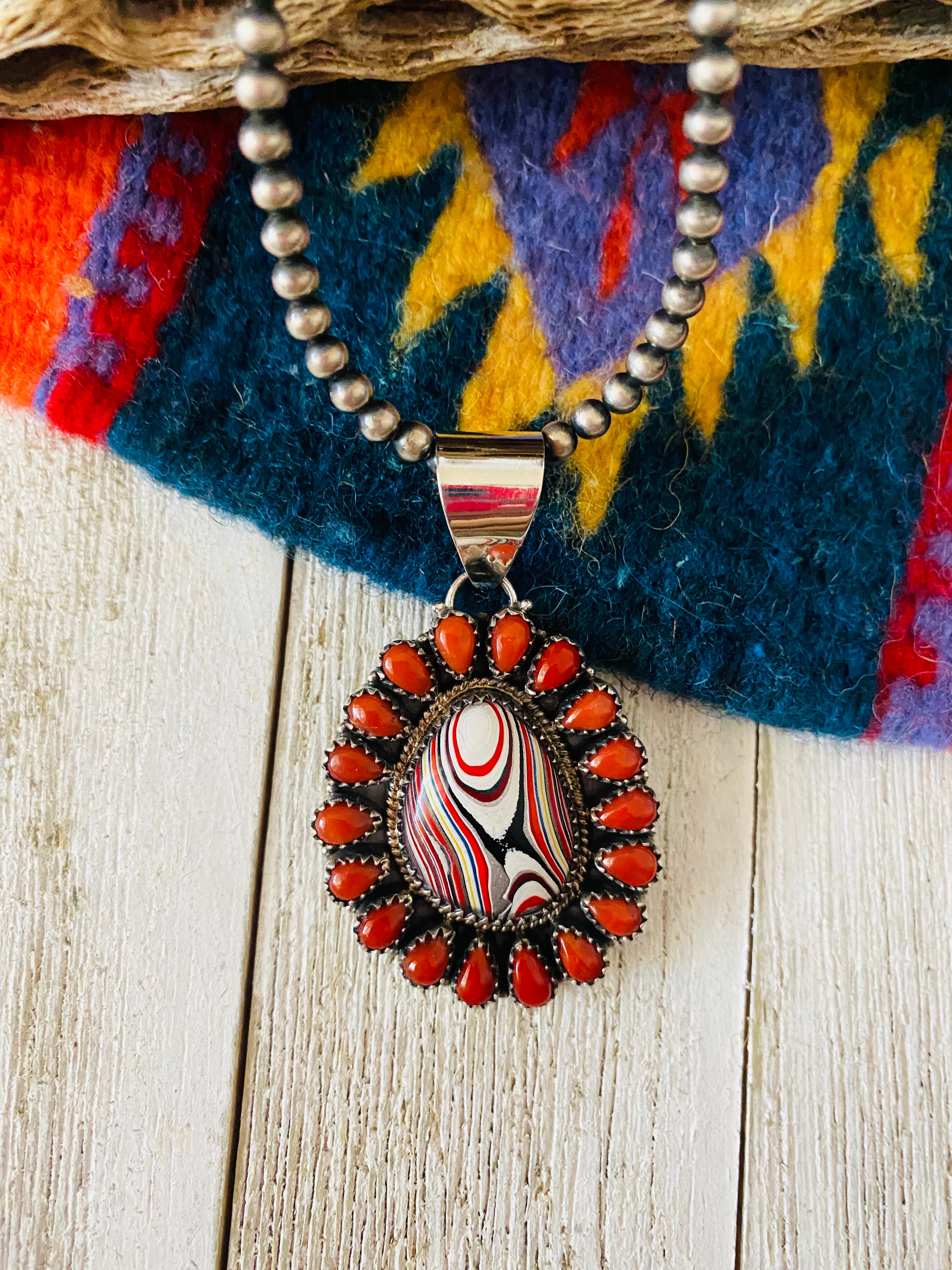 Handmade Sterling Silver, Fordite & Coral Cluster Pendant