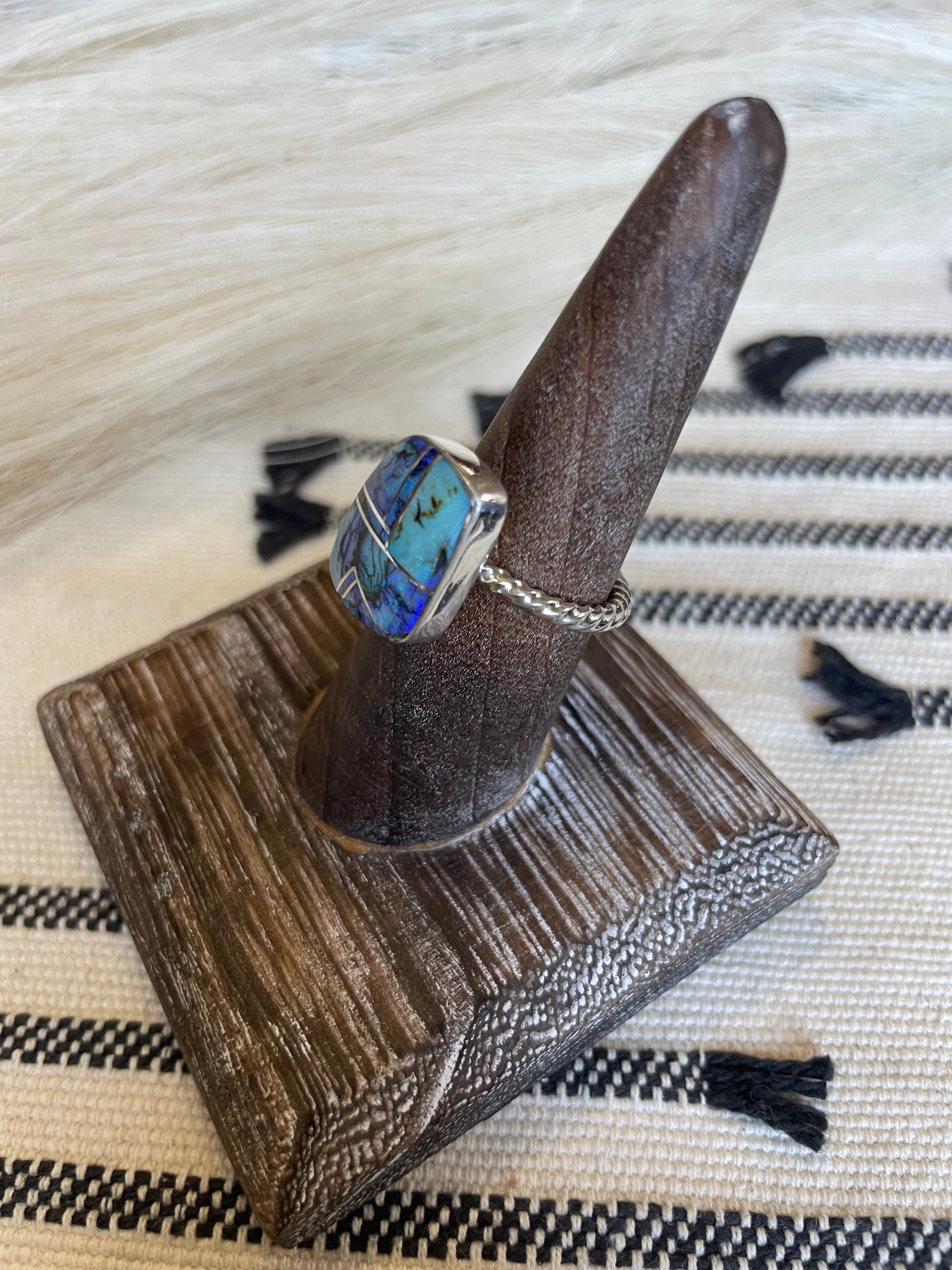 Navajo Sterling Silver & Blue Opal Inlay Ring Size 7