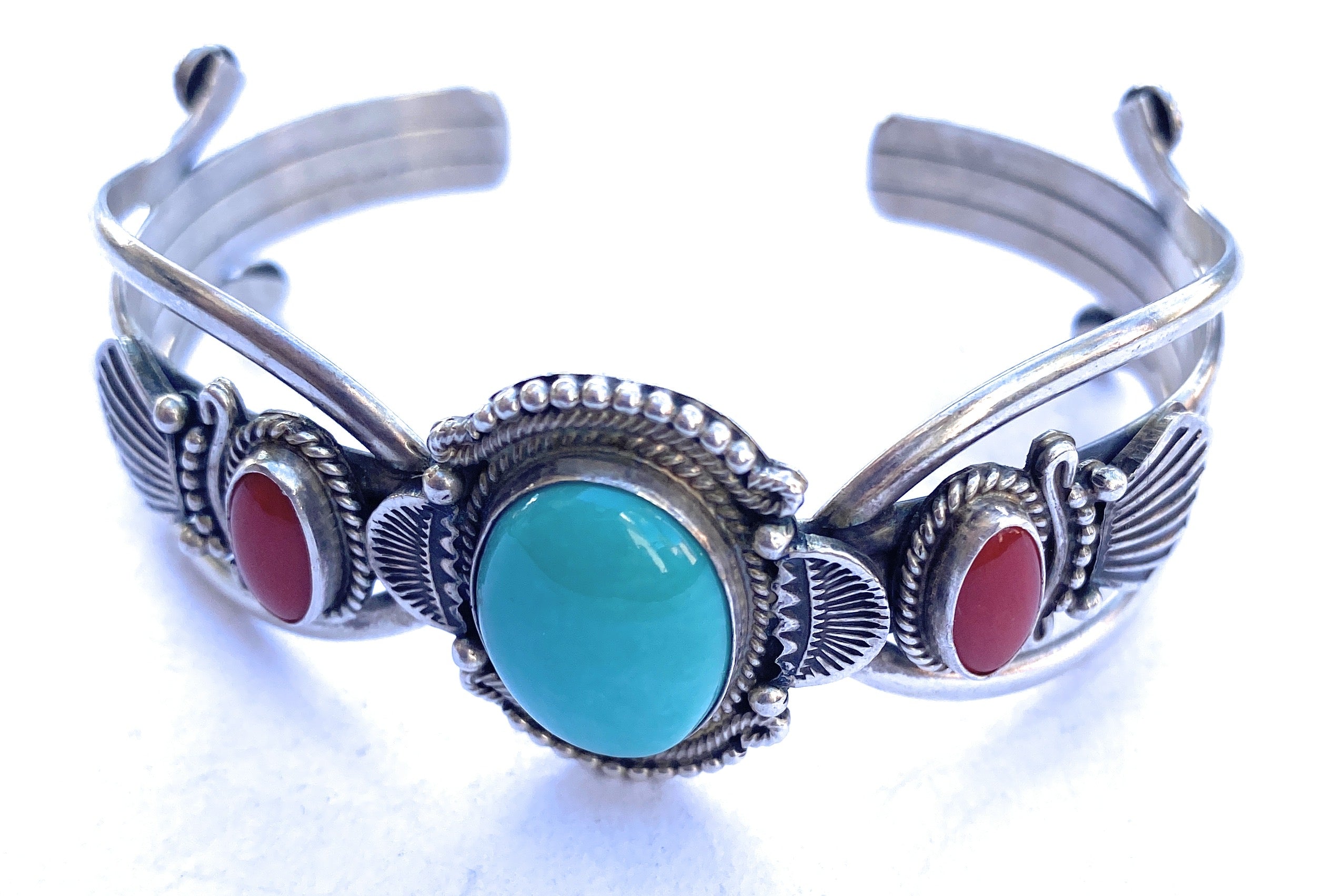 Vintage Navajo Turquoise, Coral & Sterling Silver Cuff Bracelet Signed