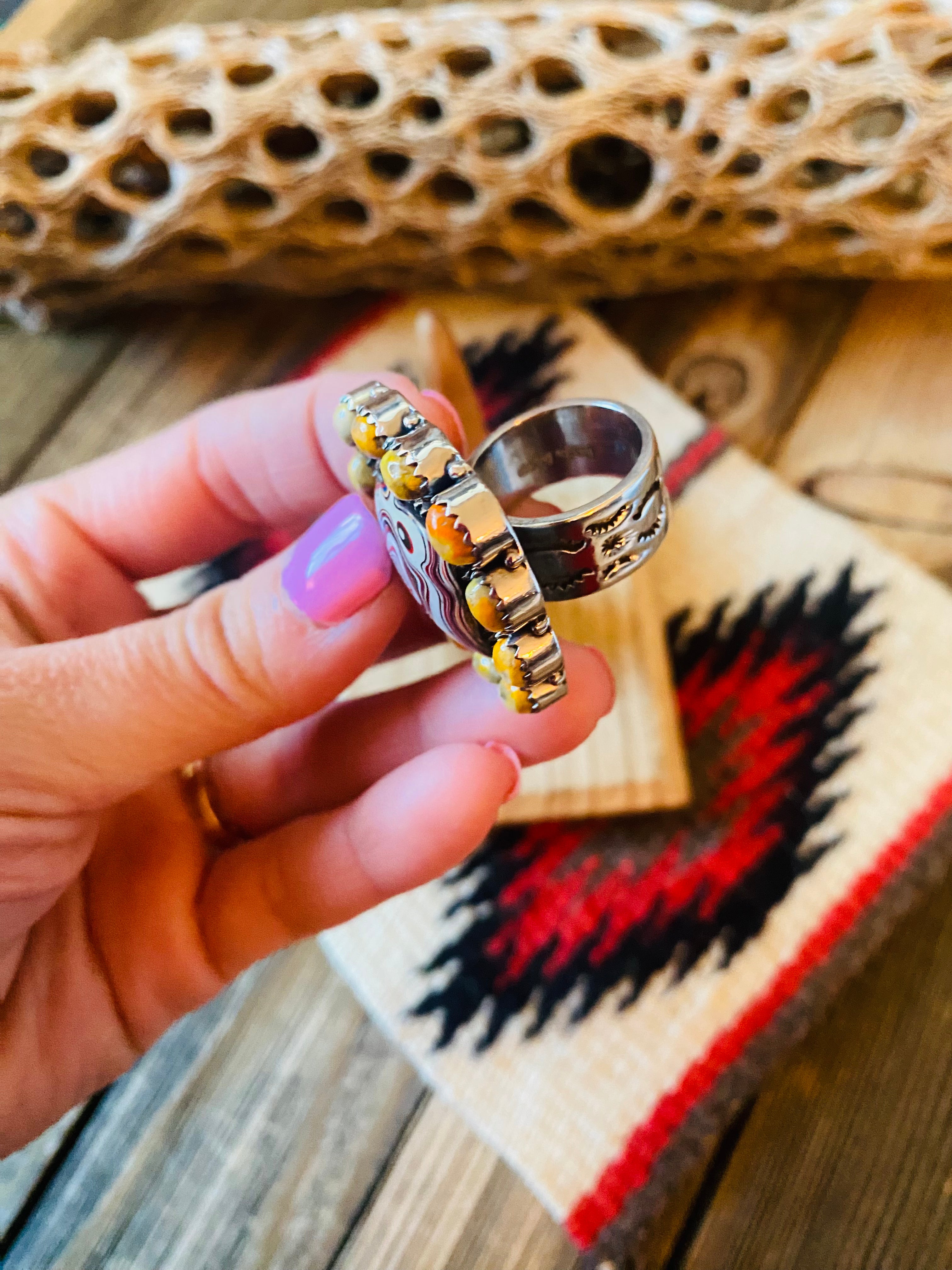 Handmade Sterling Silver, Fordite & Orange Mohave Cluster Adjustable Ring