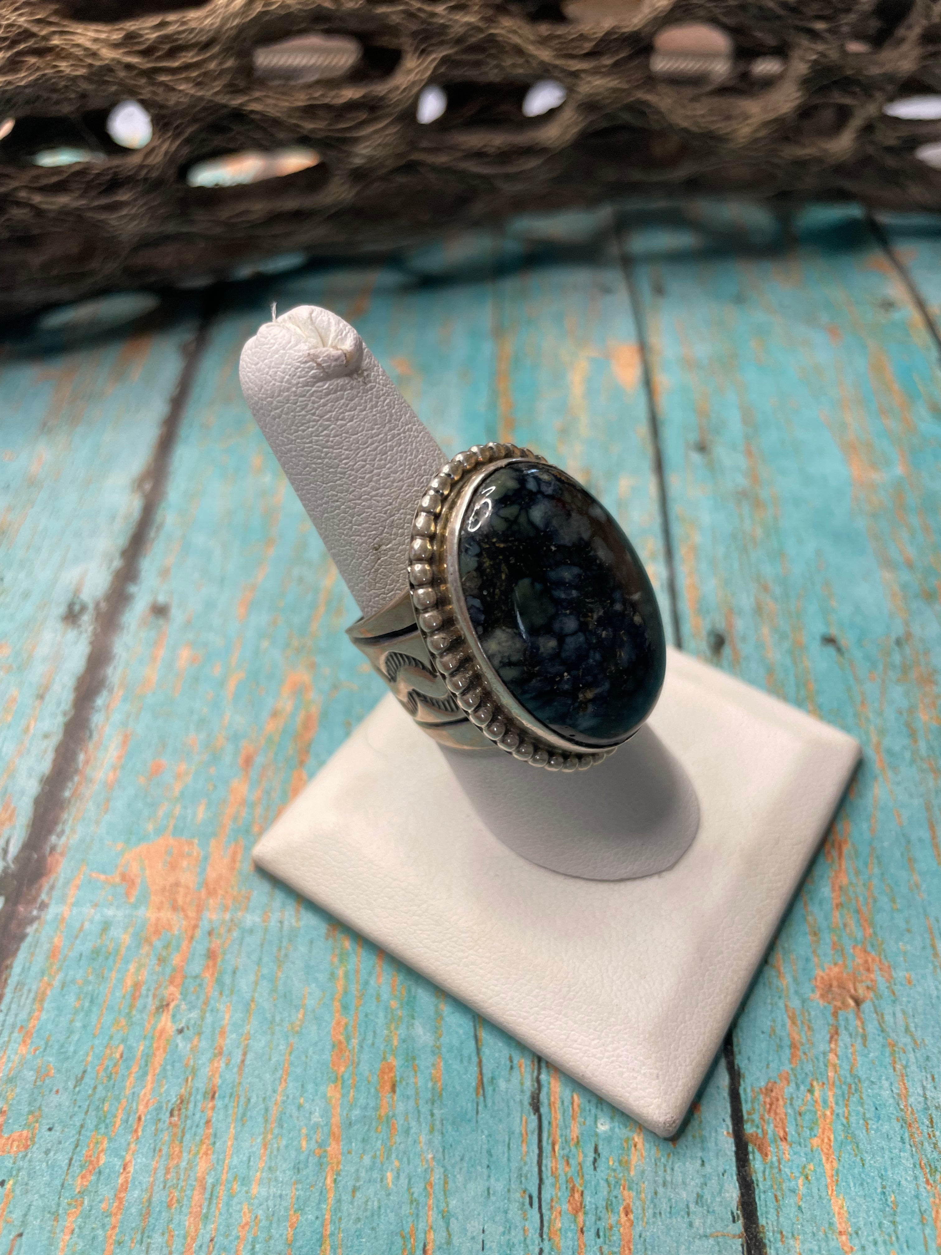 Old Pawn Navajo Sterling Silver & Tibetan Turquoise Ring Size 8