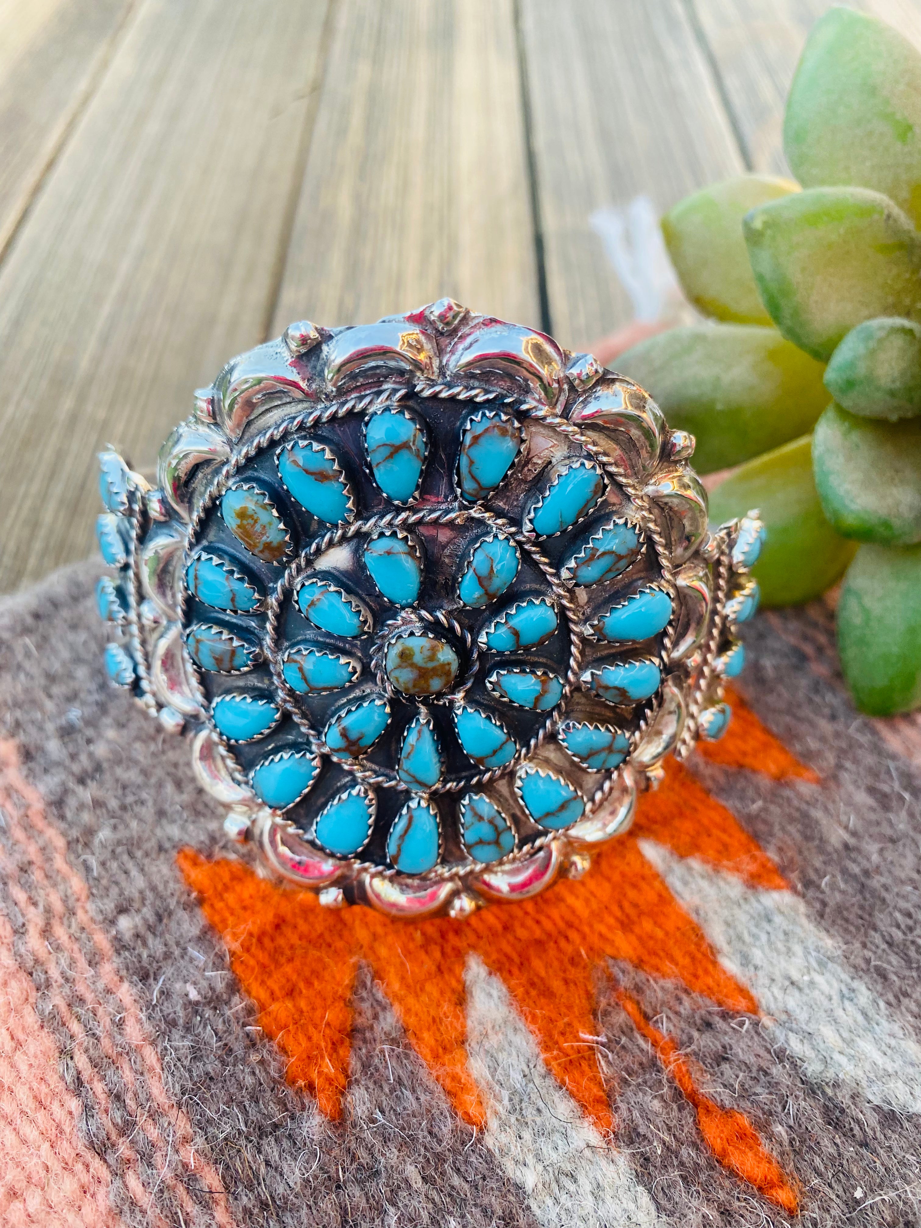 Navajo Cluster Turquoise And Sterling Silver Cuff Adjustable Bracelet