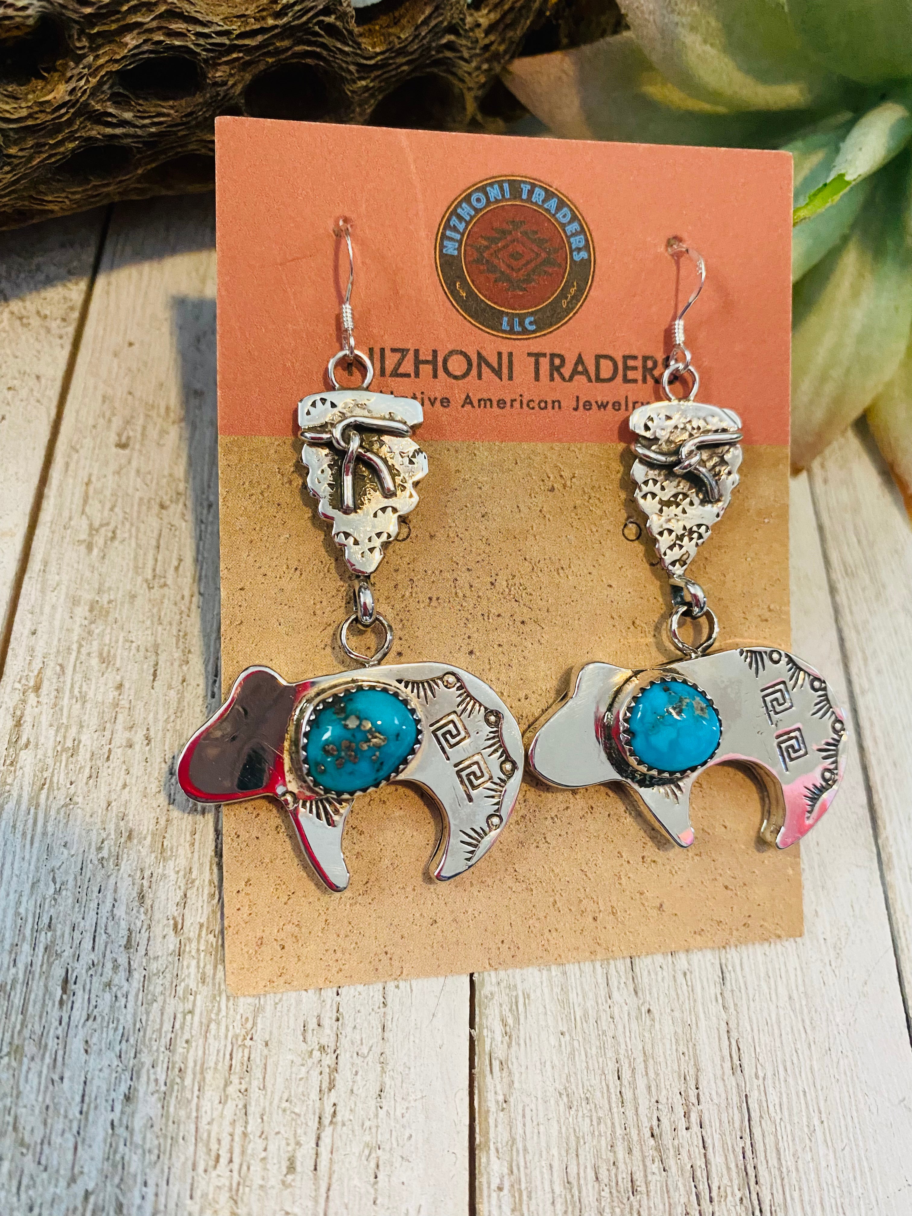 Navajo Turquoise & Sterling Silver Fetish Bear Dangle Earrings