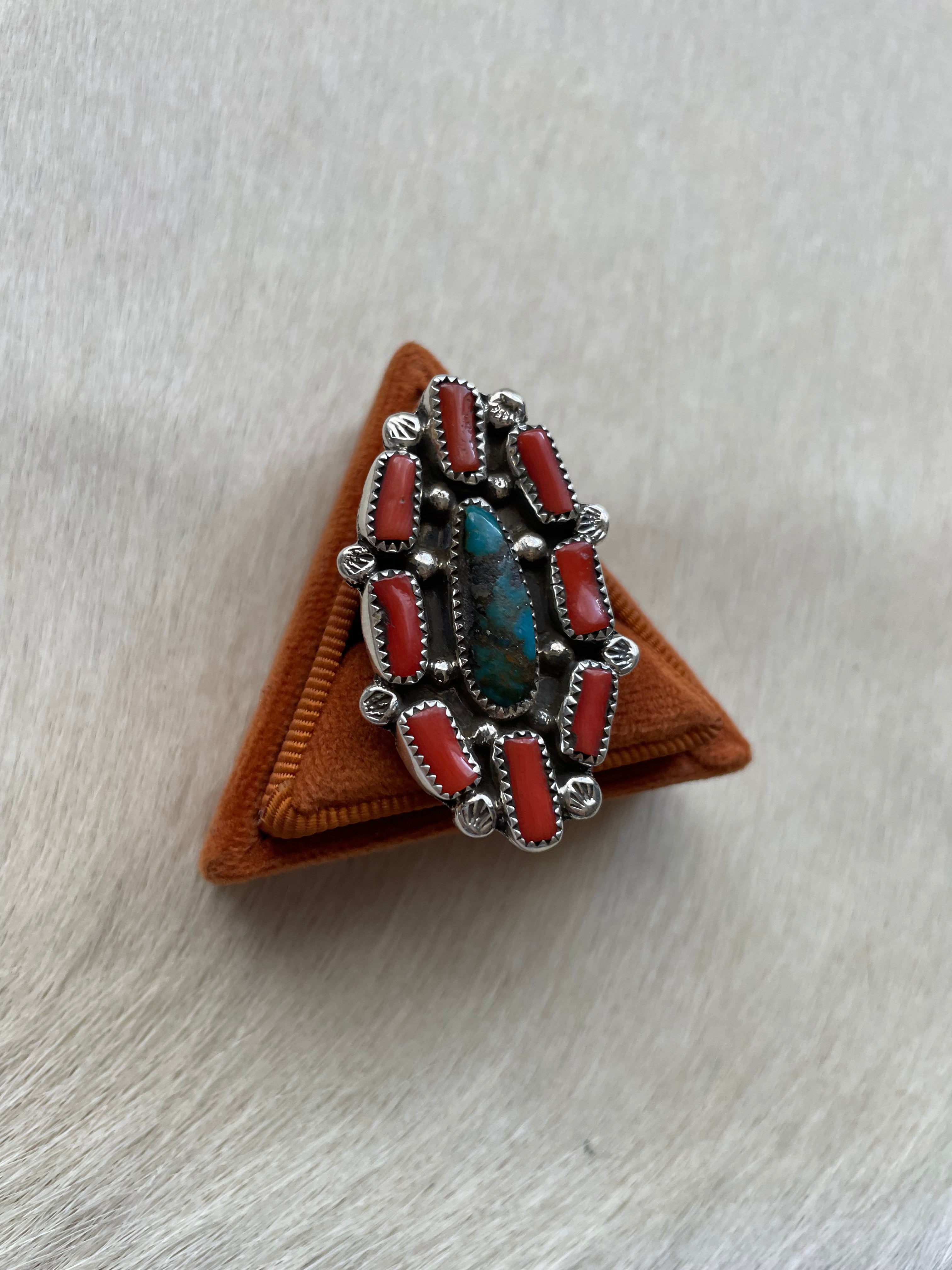 Navajo Coral, Turquoise & Sterling Silver Cluster Ring Size 9 Signed