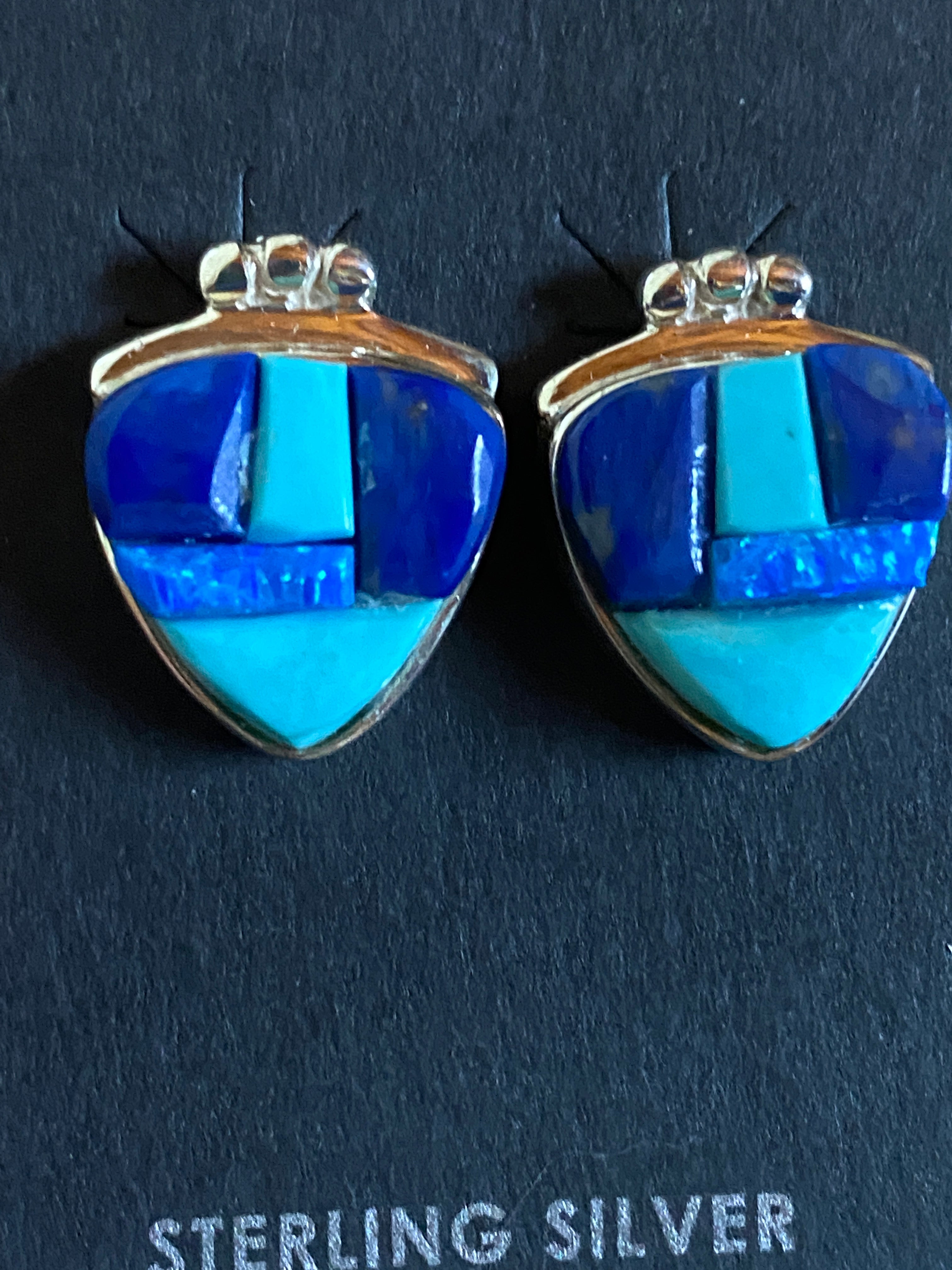 Navajo Lapis, Turquoise, Blue Sterling silver Rolled Berry Stud Earrings