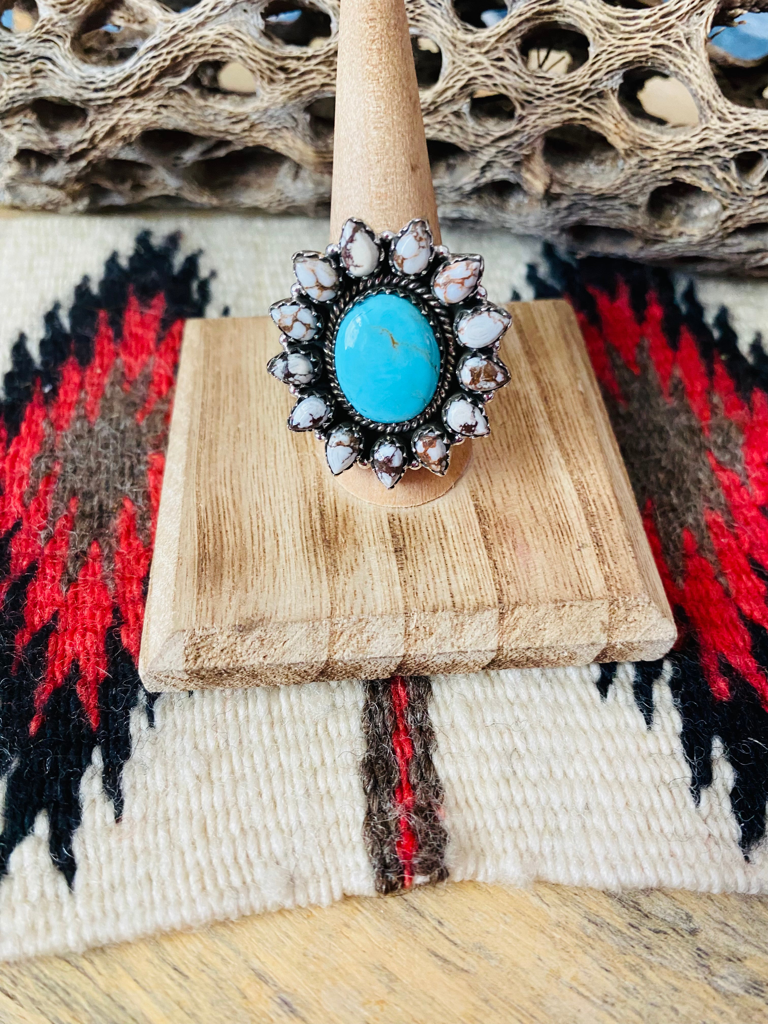 Handmade Sterling Silver, Wild Horse & Turquoise Cluster Adjustable Ring