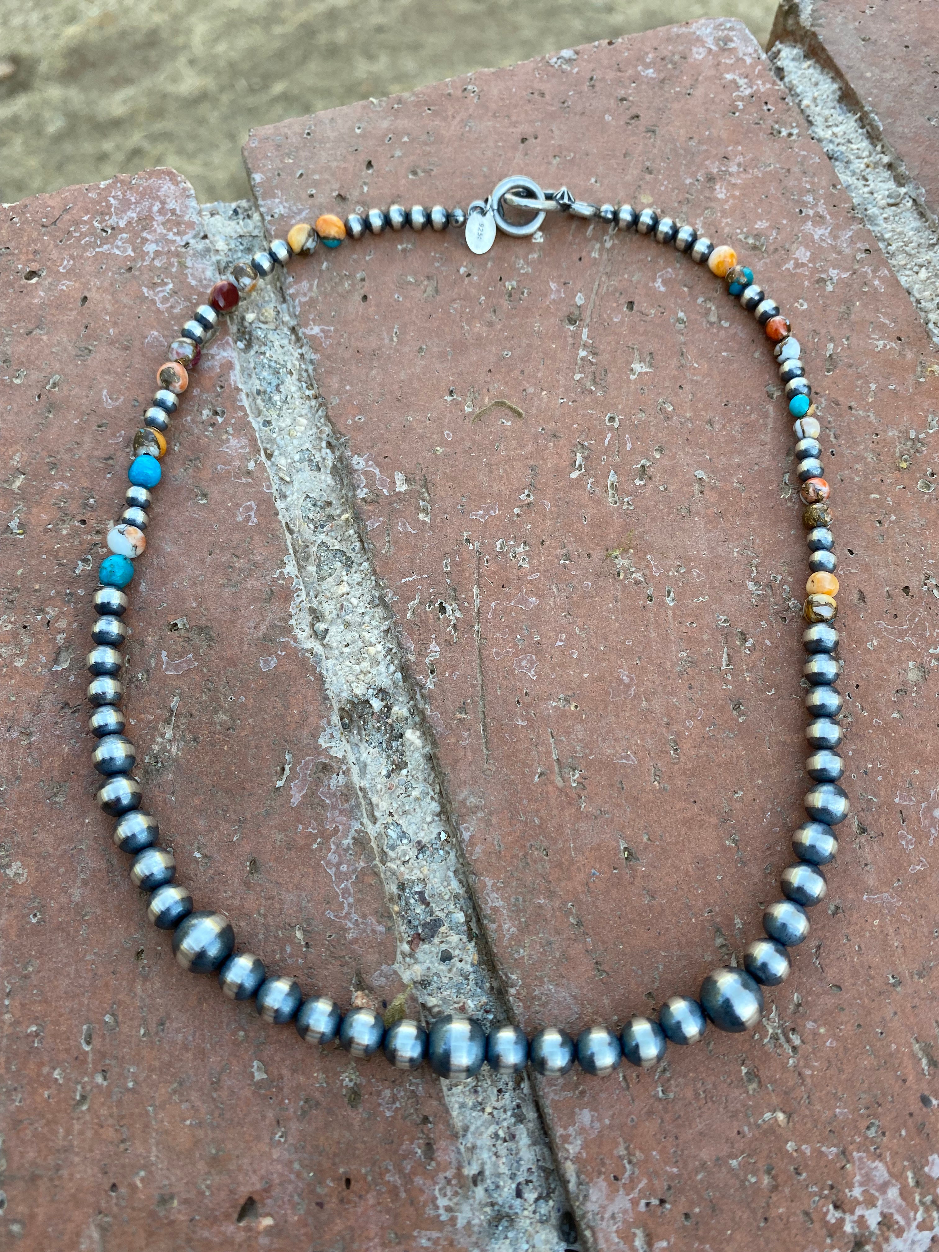 Navajo Turquoise & Spiny Spice Sterling Silver Beaded Necklace 16 inch